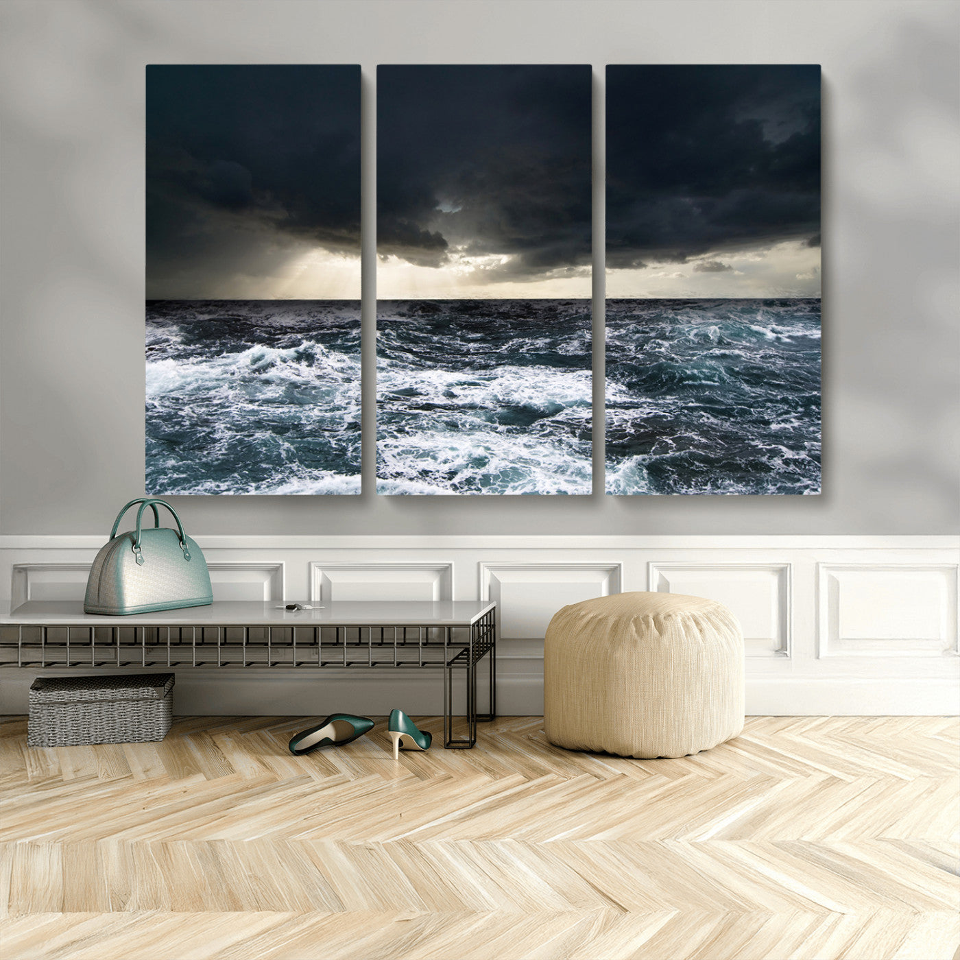 Moody ocean scene with stormy skies and crashing waves, perfect for dramatic or coastal-style home wall decor.