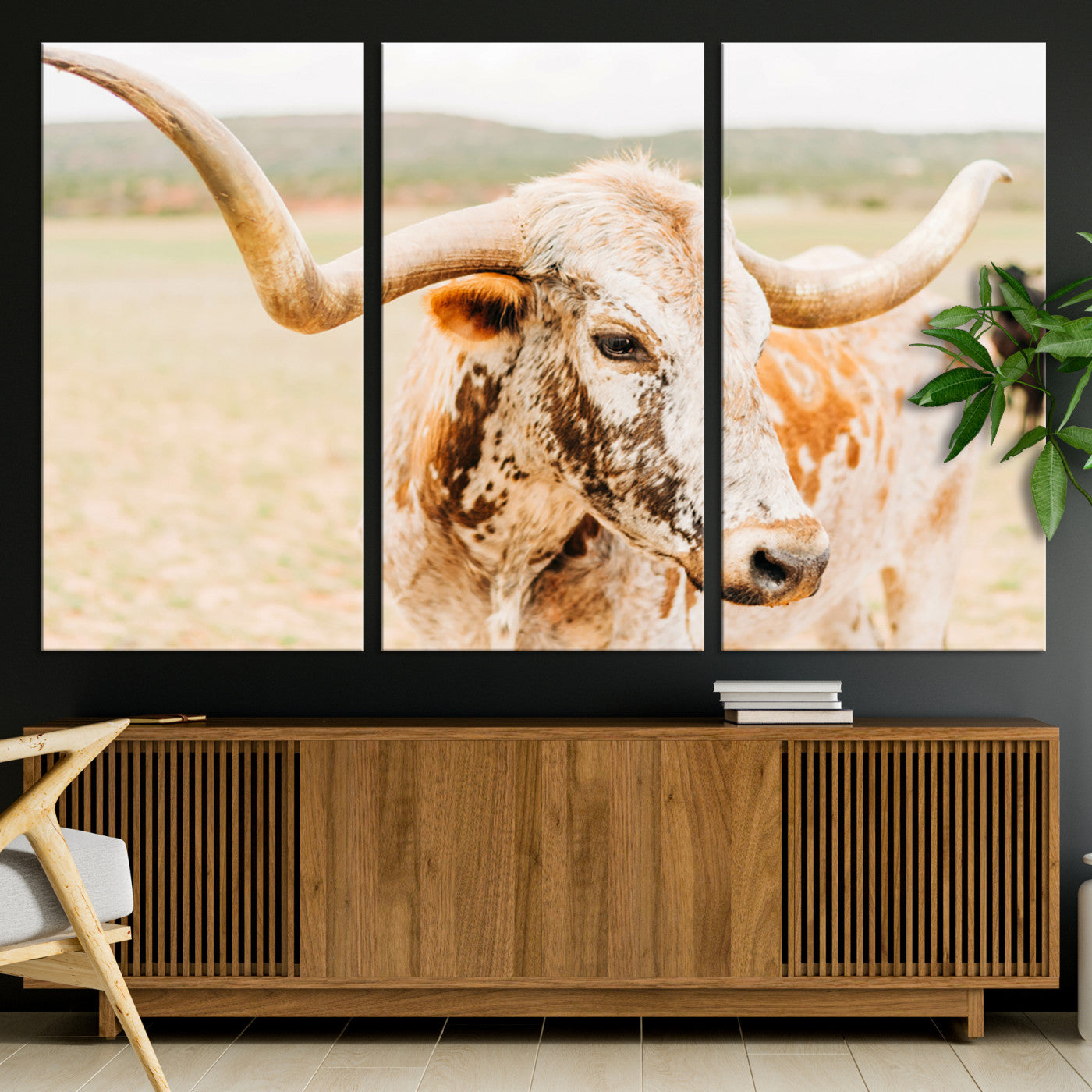 Close-up of a speckled Texas Longhorn in warm prairie tones, perfect for rustic western or countryside-themed room decor.