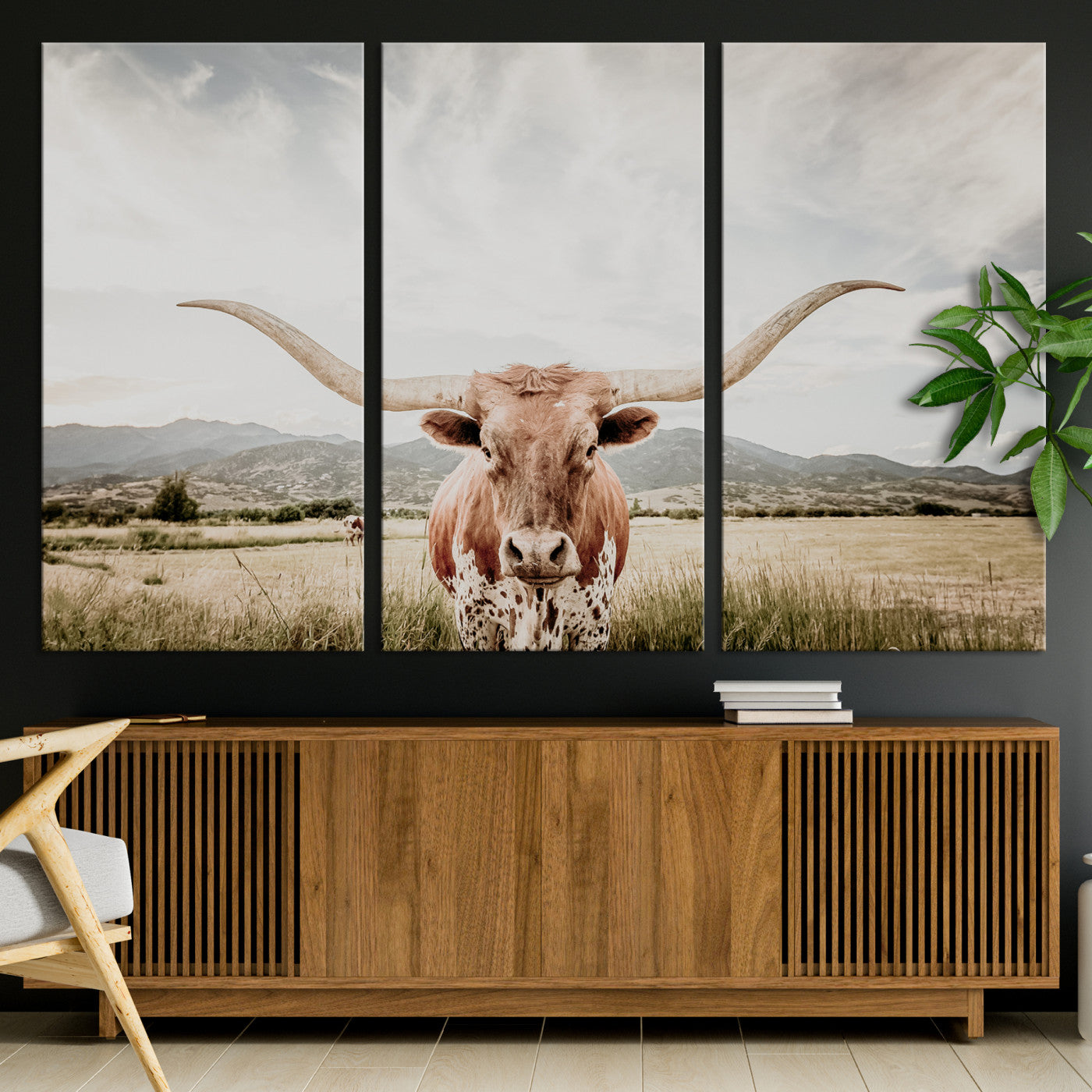 Longhorn Wall Art Print - Western Cow Canvas Print, featuring a majestic Texas longhorn in a rustic prairie setting, perfect for farmhouse and western decor.