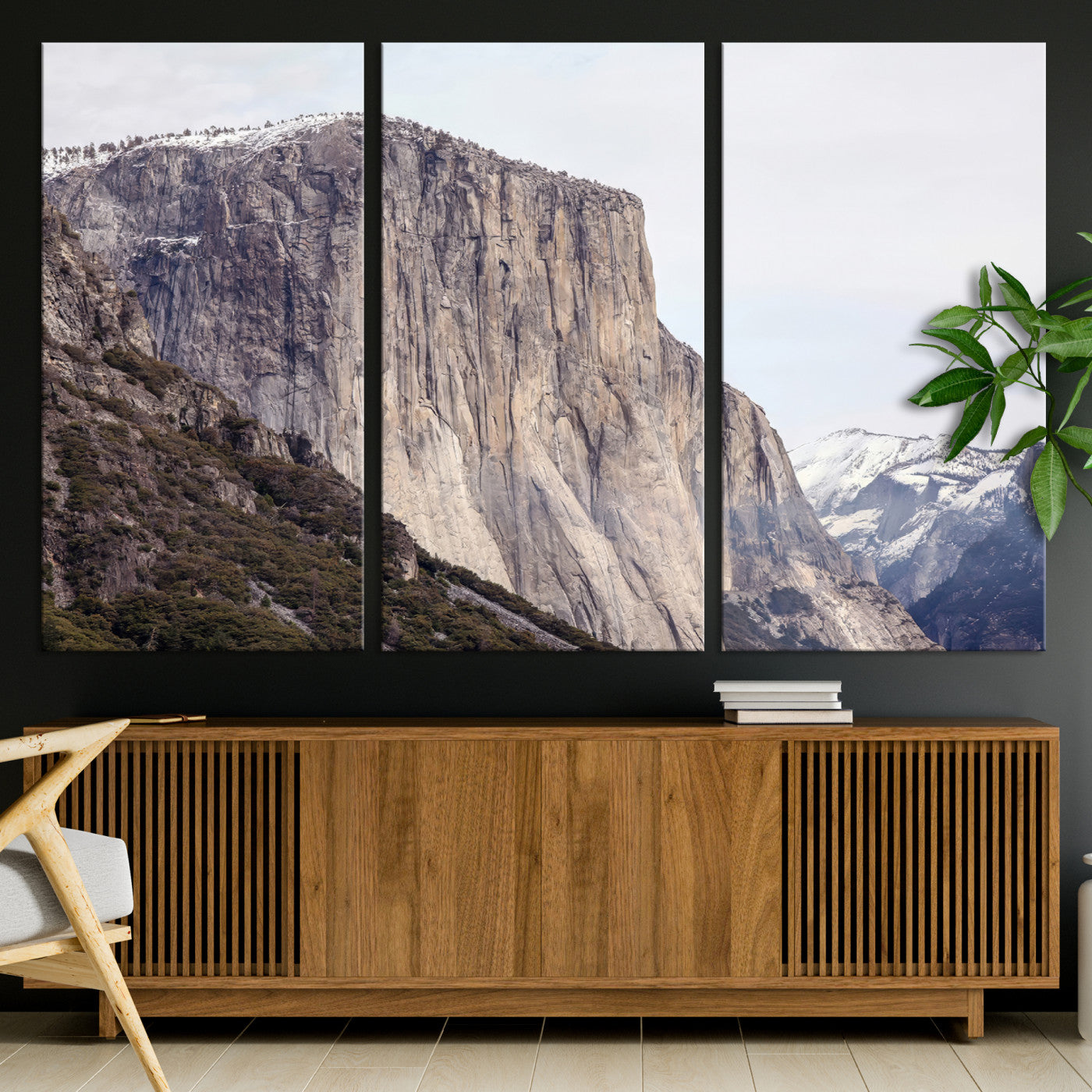 Framed canvas of El Capitan’s vertical granite face in Yosemite with snowy peaks, ideal for Sierra minimalism or mountain-inspired decor.