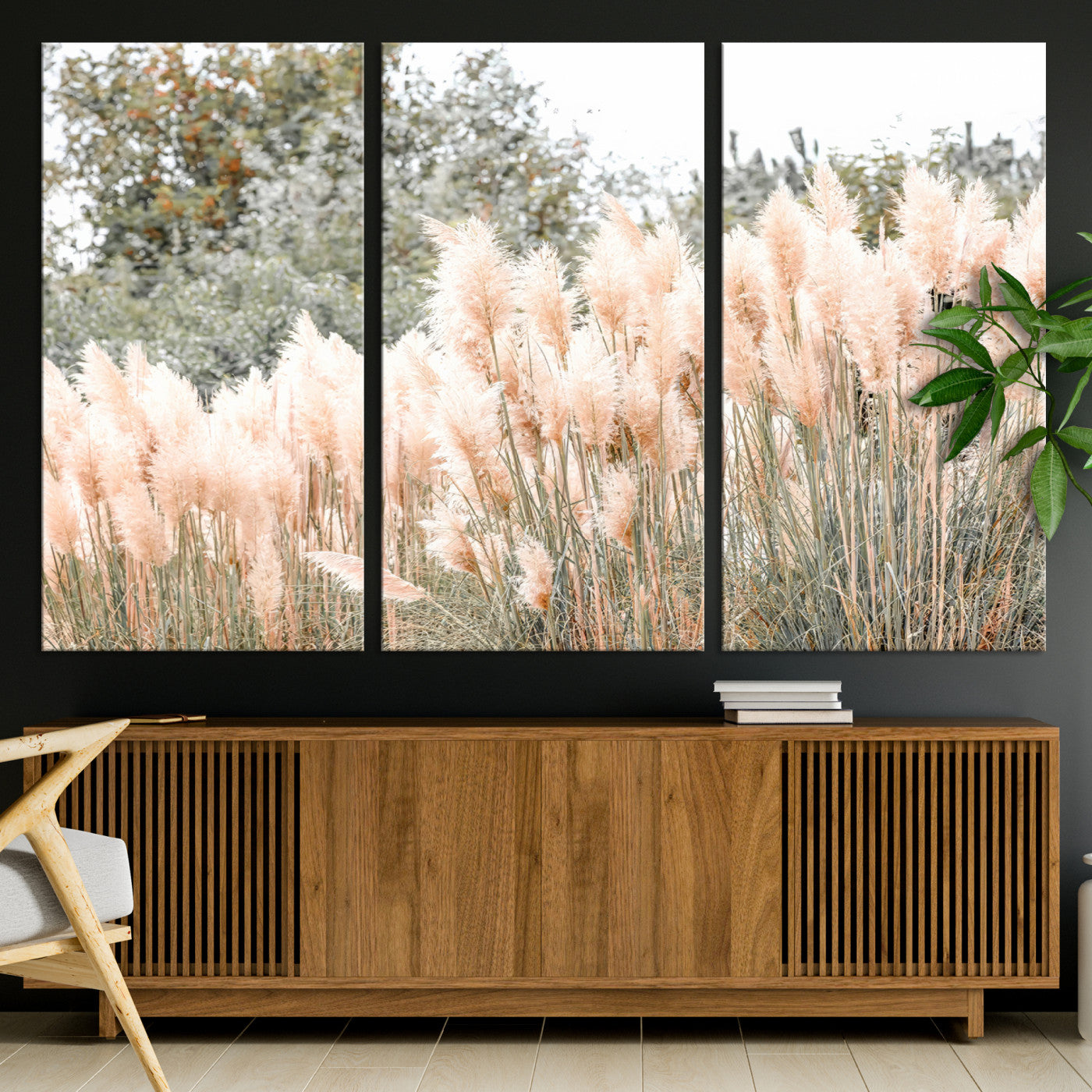 Soft pastel pampas grasses in a natural setting, ideal for neutral boho or rustic botanical-style interior wall decoration.