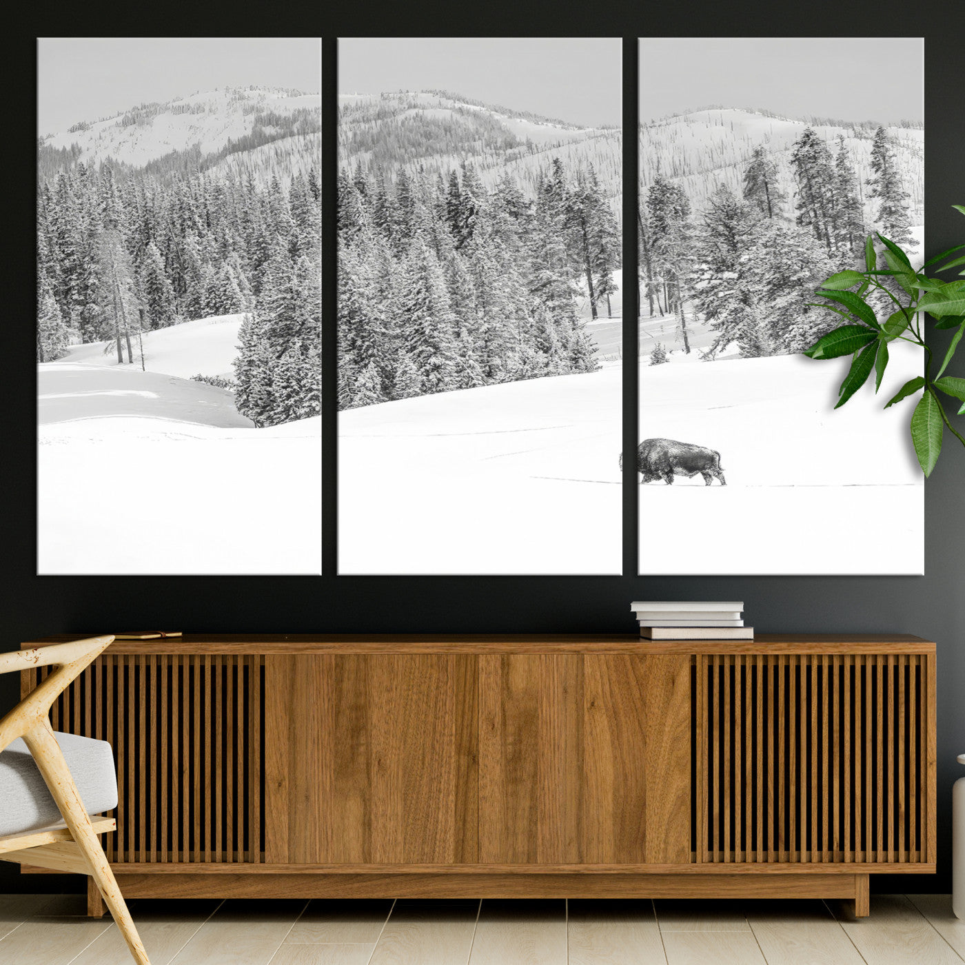 Snowy bison walking through white forest landscape, ideal for monochrome winter or wilderness-style interior wall decoration.