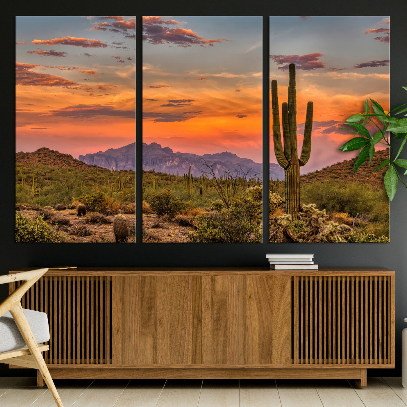 Vibrant desert sunset with saguaro cacti and distant mountains, perfect for Southwestern or warm-toned home decor.