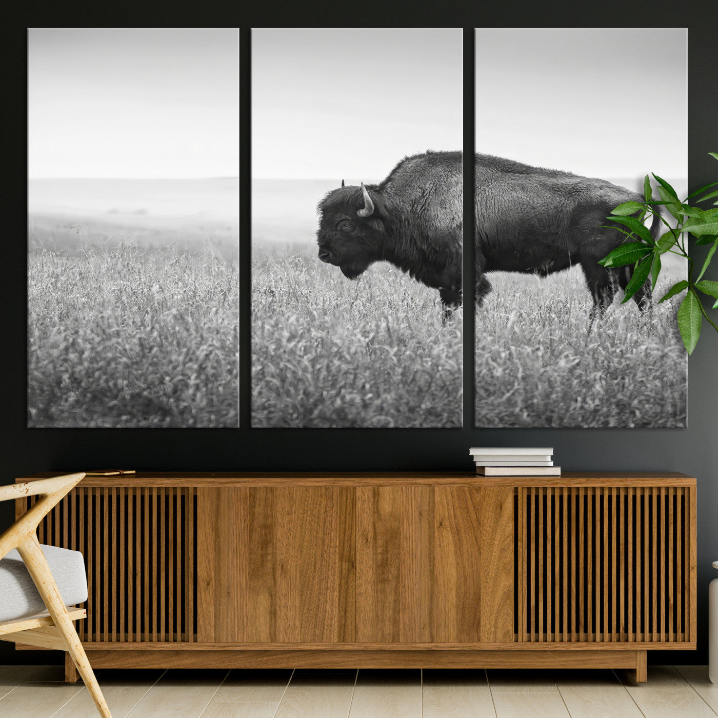 A black and white photograph of a majestic bison standing in a vast grassy prairie, evoking a sense of wilderness and strength.
