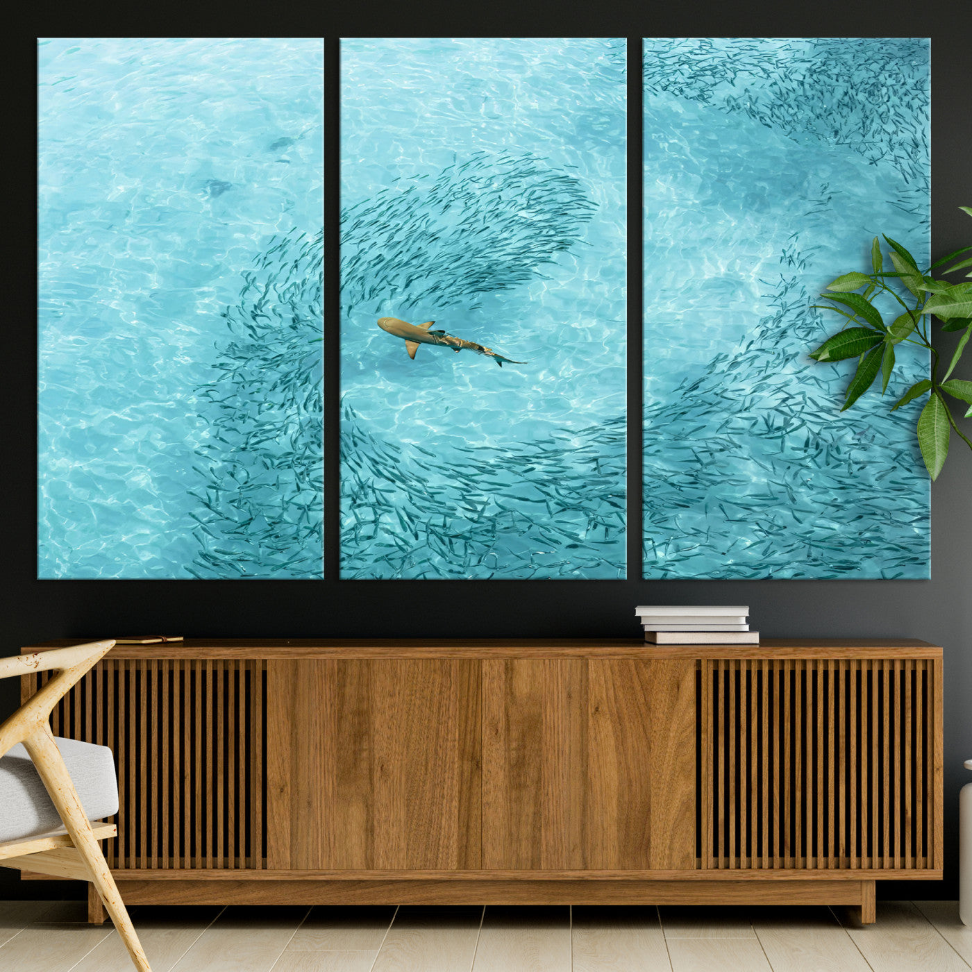 Aerial view of a shark swimming through a swirl of fish in clear turquoise waters, perfect for calm coastal or beach house decor.