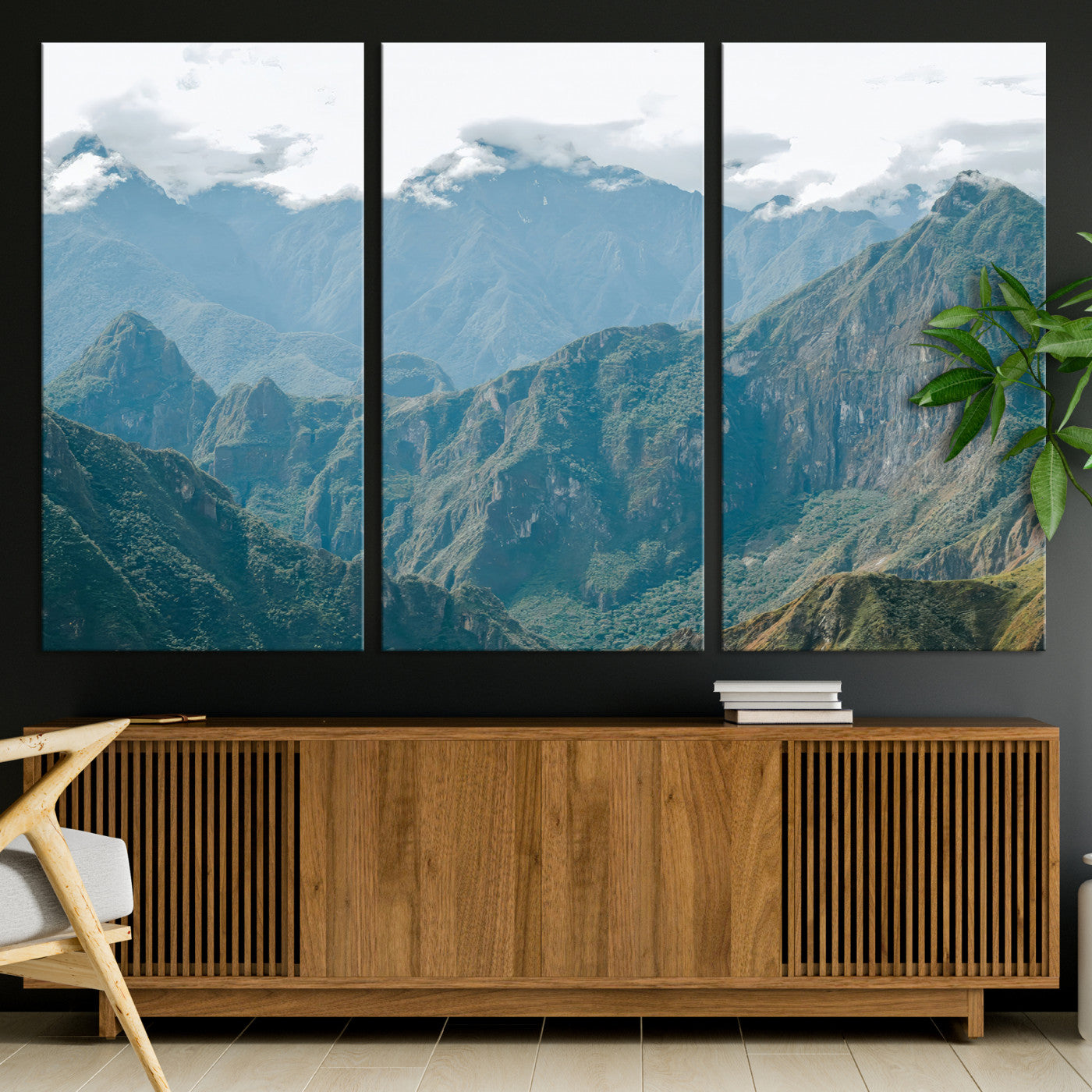 A misty mountain landscape with cloud-covered Andean peaks and lush green valleys, creating a dramatic and serene view, perfect for rustic or nature-inspired home decor.