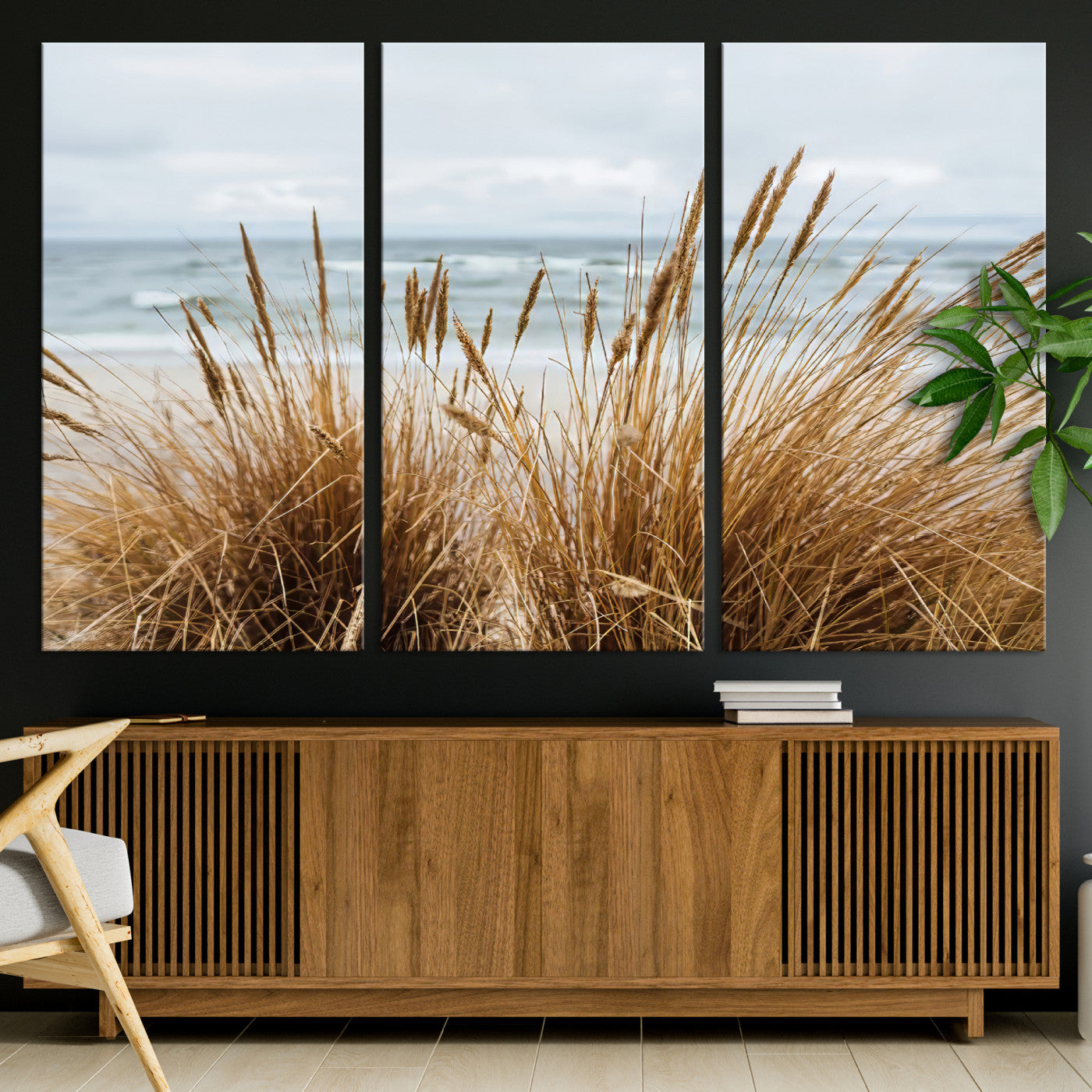 Canvas of golden beach grass swaying by the ocean under a soft cloudy sky, perfect for neutral-toned or coastal minimalist decor.