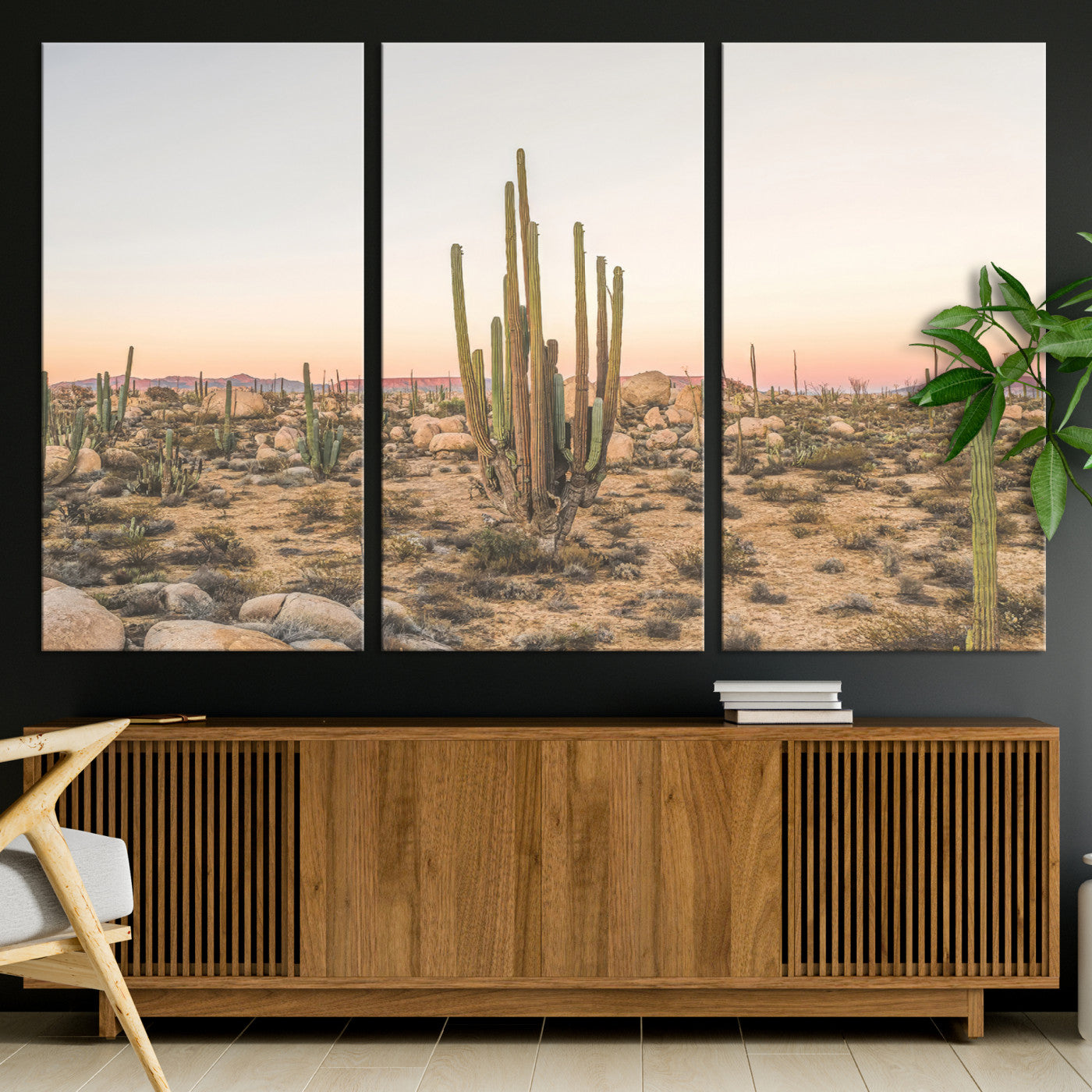 Canvas of tall desert cacti in warm sunset tones over a rocky Baja landscape, ideal for earthy or Southwestern-style home decor.