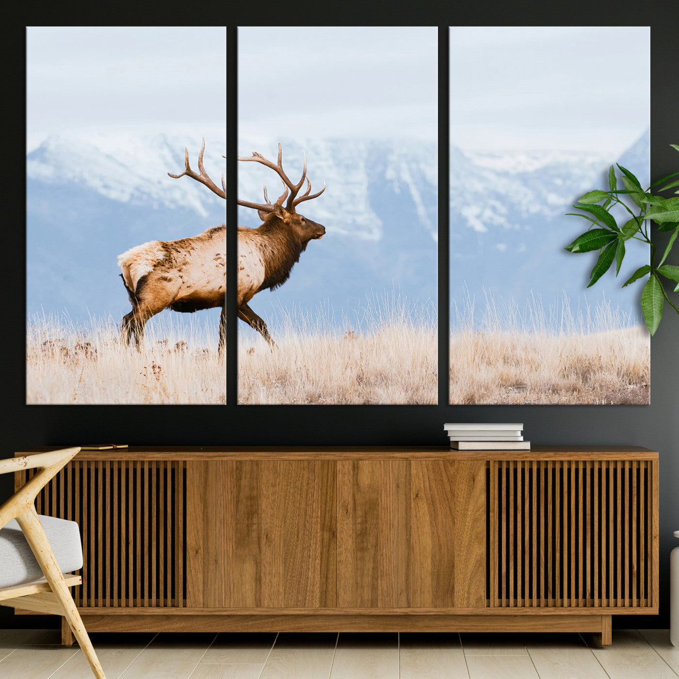 An elk walking on snowy grassland with majestic mountains in the background, ideal for rustic lodge or cabin wall decor.