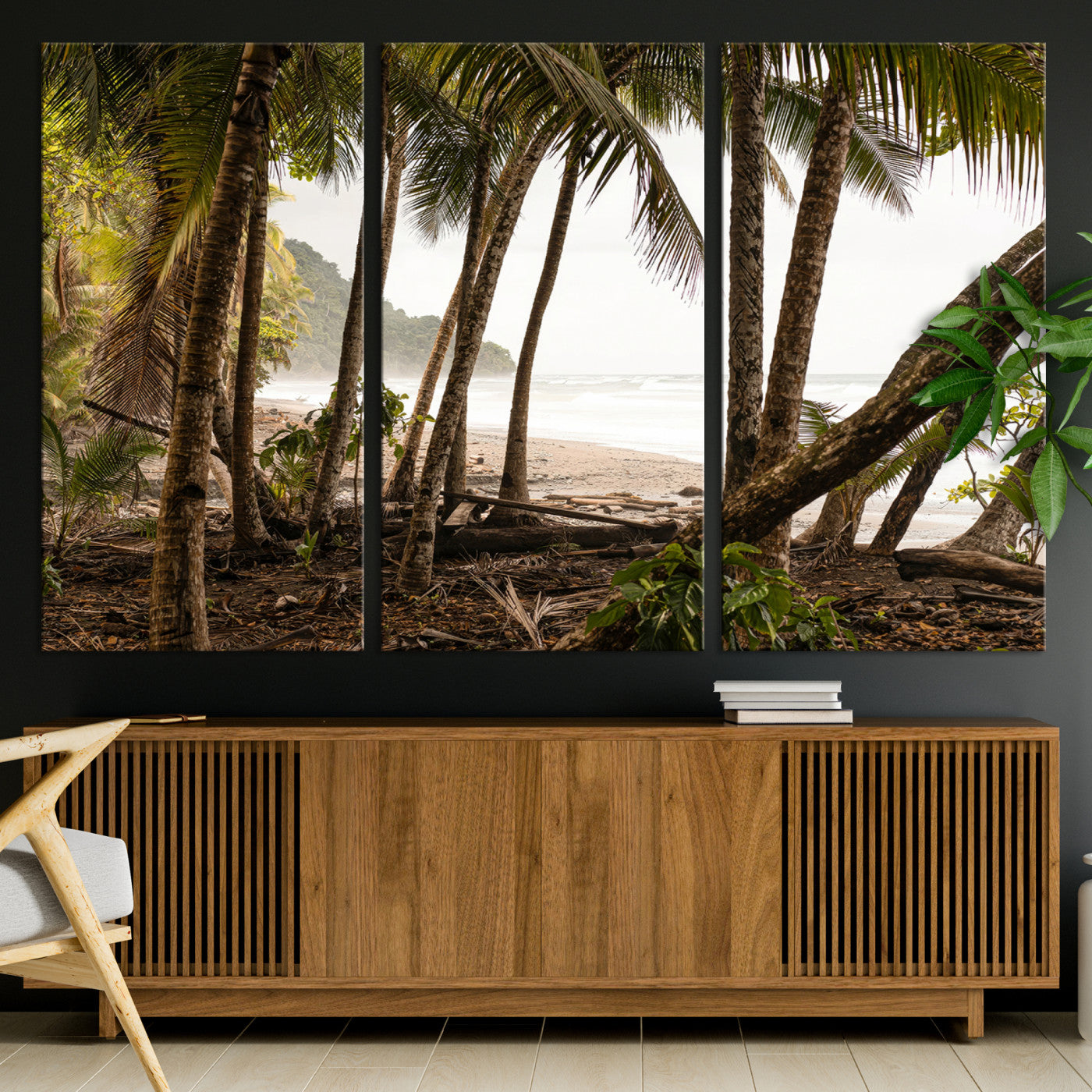 Dense tropical palm trees framing a sandy beach and ocean shore, ideal for jungle or coastal themed interior wall decor.