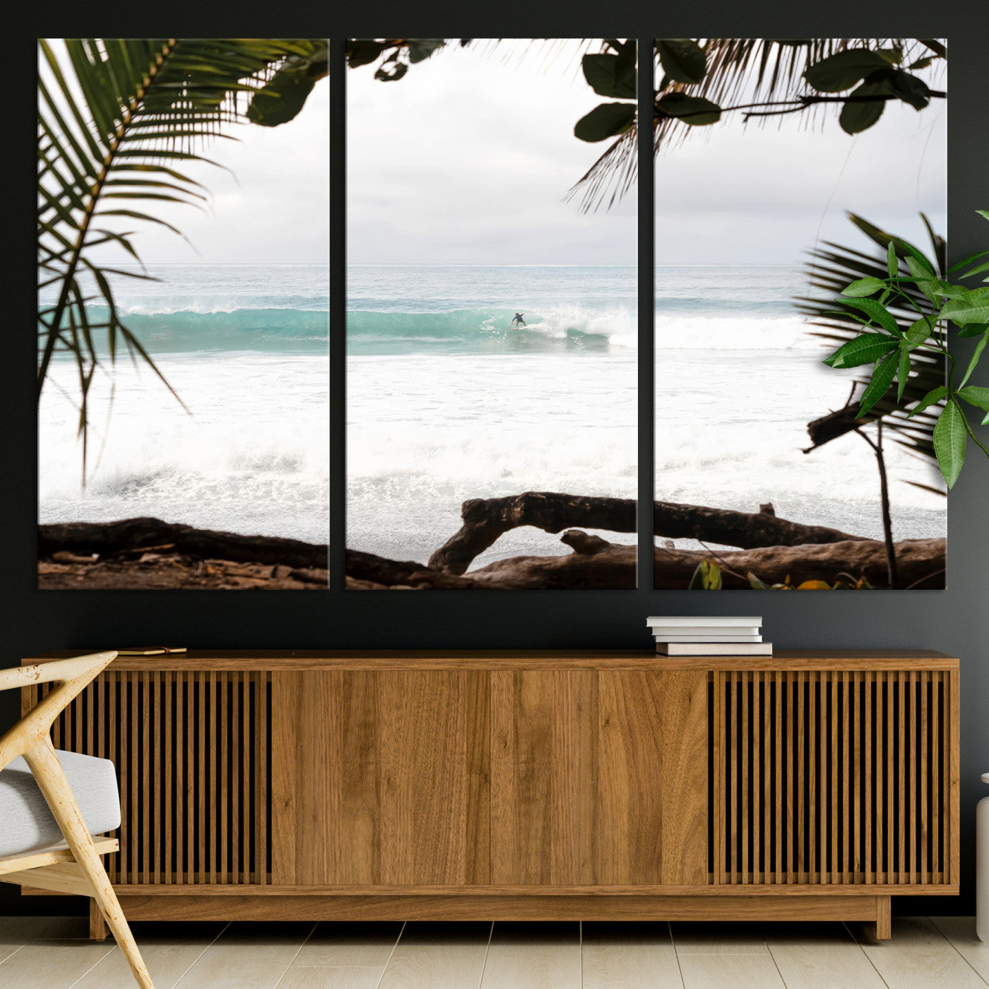 Tropical beach view with palm trees and surfer riding a wave, perfect for boho or coastal-inspired interior wall decor.