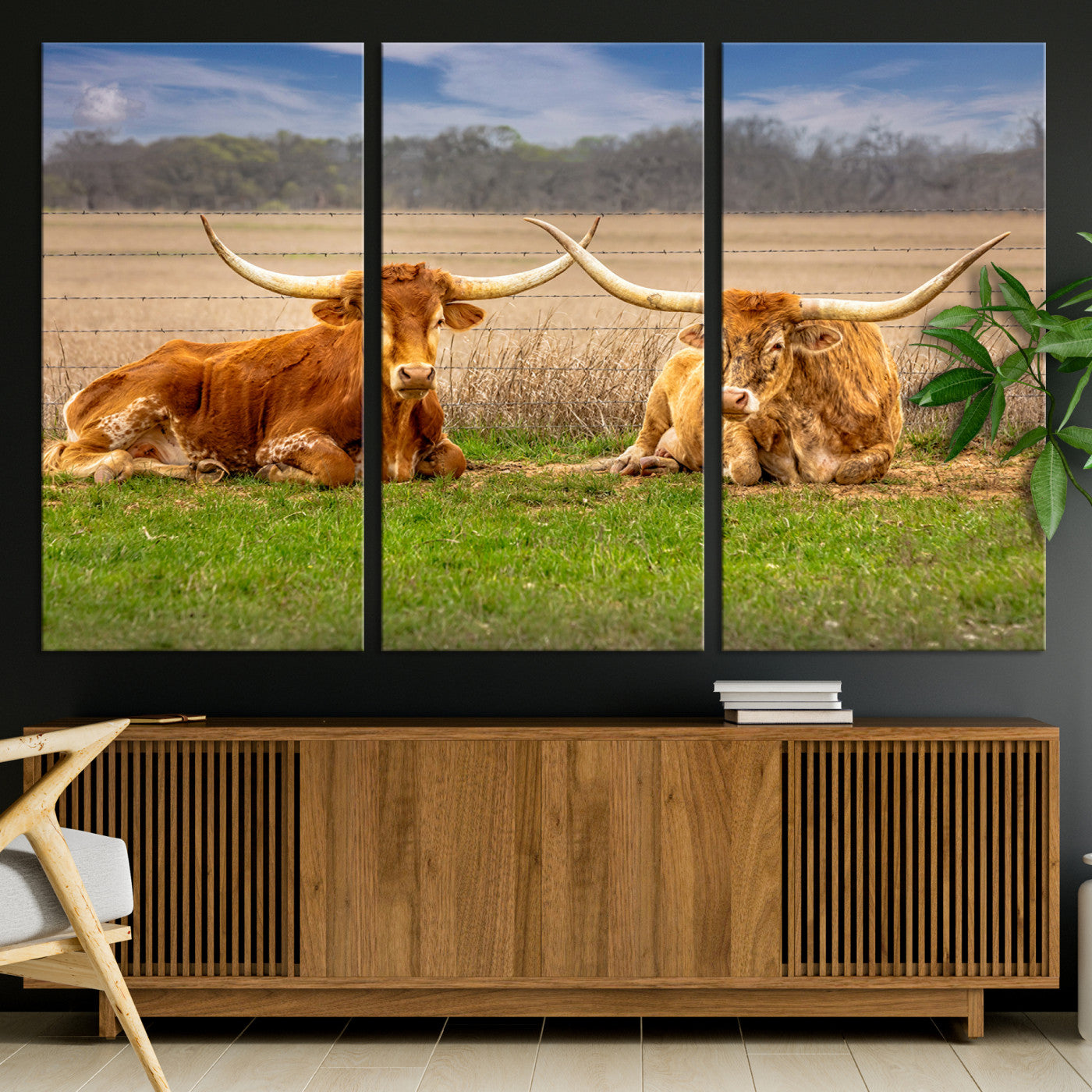 Two longhorn cows lying on green grass in front of a golden field and trees under a blue sky, perfect for rustic country wall decor.