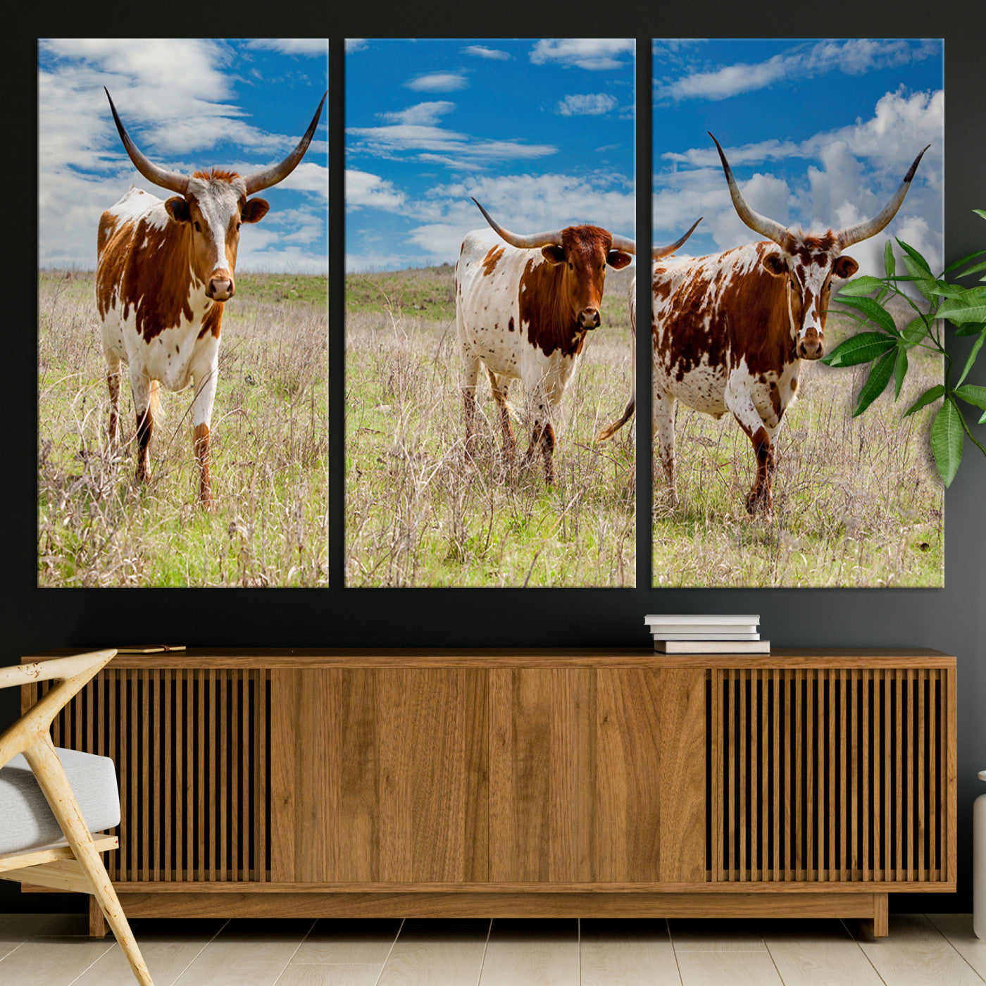 Three Texas longhorn cattle standing in dry grass under a bright blue sky, ideal for farmhouse or western rustic home decor.