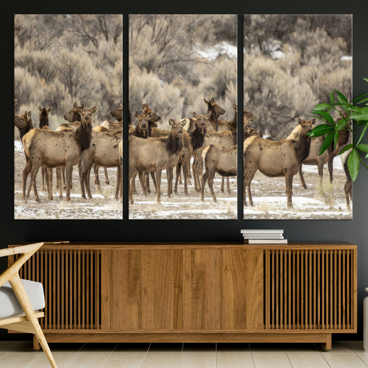 A large herd of elk standing in an open field with soft earthy tones, ideal for rustic lodge or western-themed home wall decor.