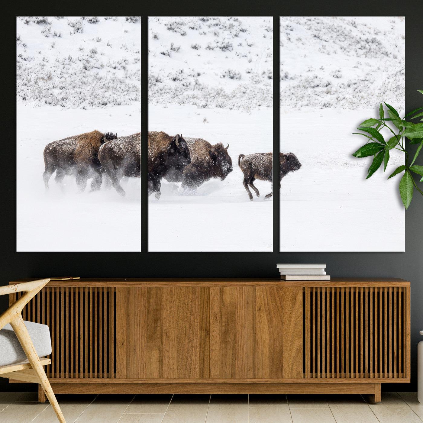 Bison herd running through a snowy open field with mountain backdrop, perfect for rustic or western-themed wall decoration.