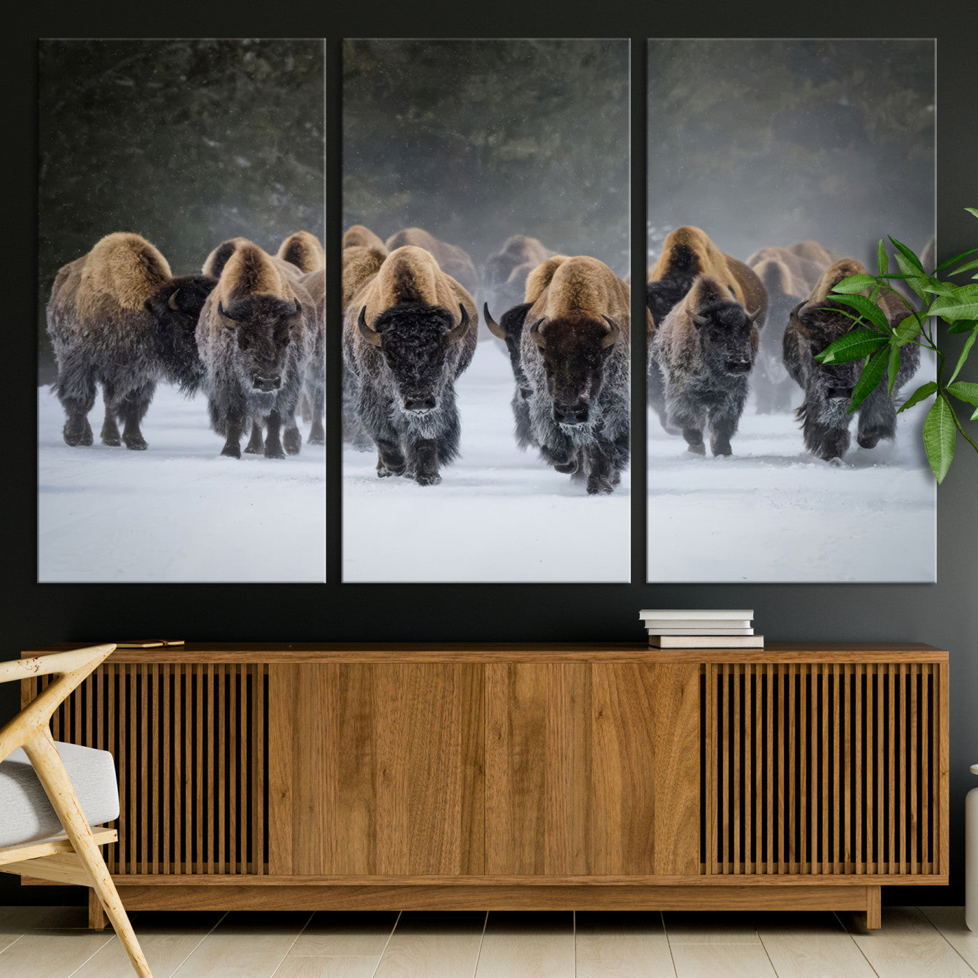 A herd of American bisons walking through deep snow in a forest, evoking a powerful rustic wilderness mood for western-style interiors.
