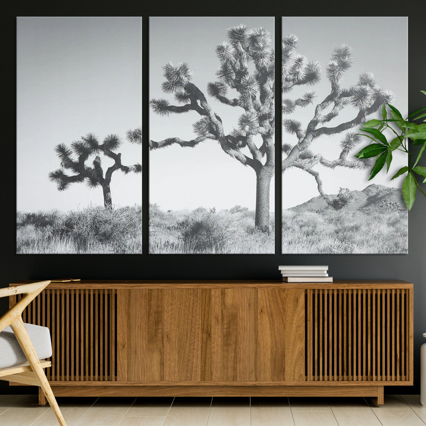 Black and white Joshua tree in a desert landscape with soft light and dry brush, perfect for rustic or minimalist home decor.