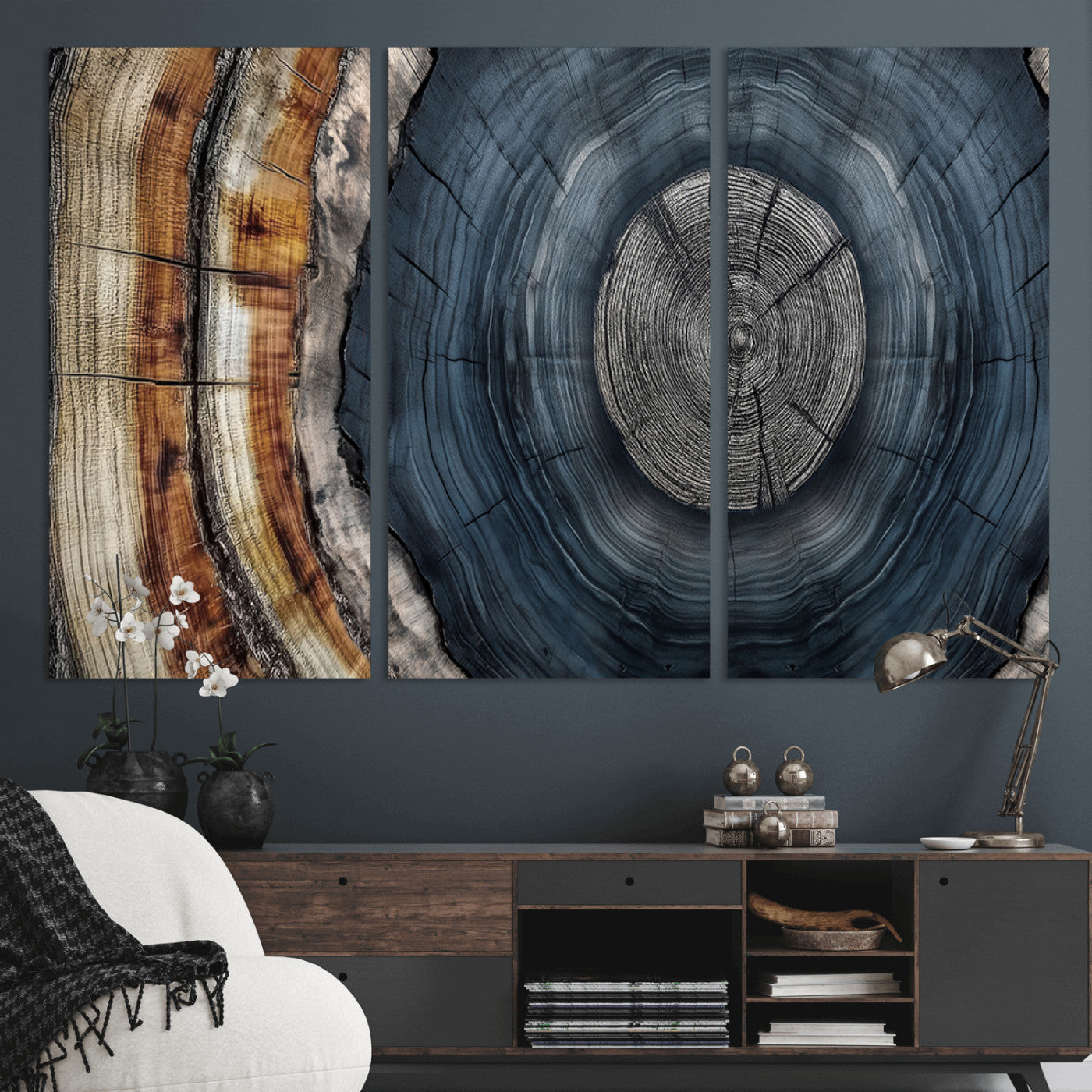 A stunning close-up of a tree trunk showing the intricate, circular growth rings, showcasing the natural textures and rich contrasts in deep blues, browns, and silvers.