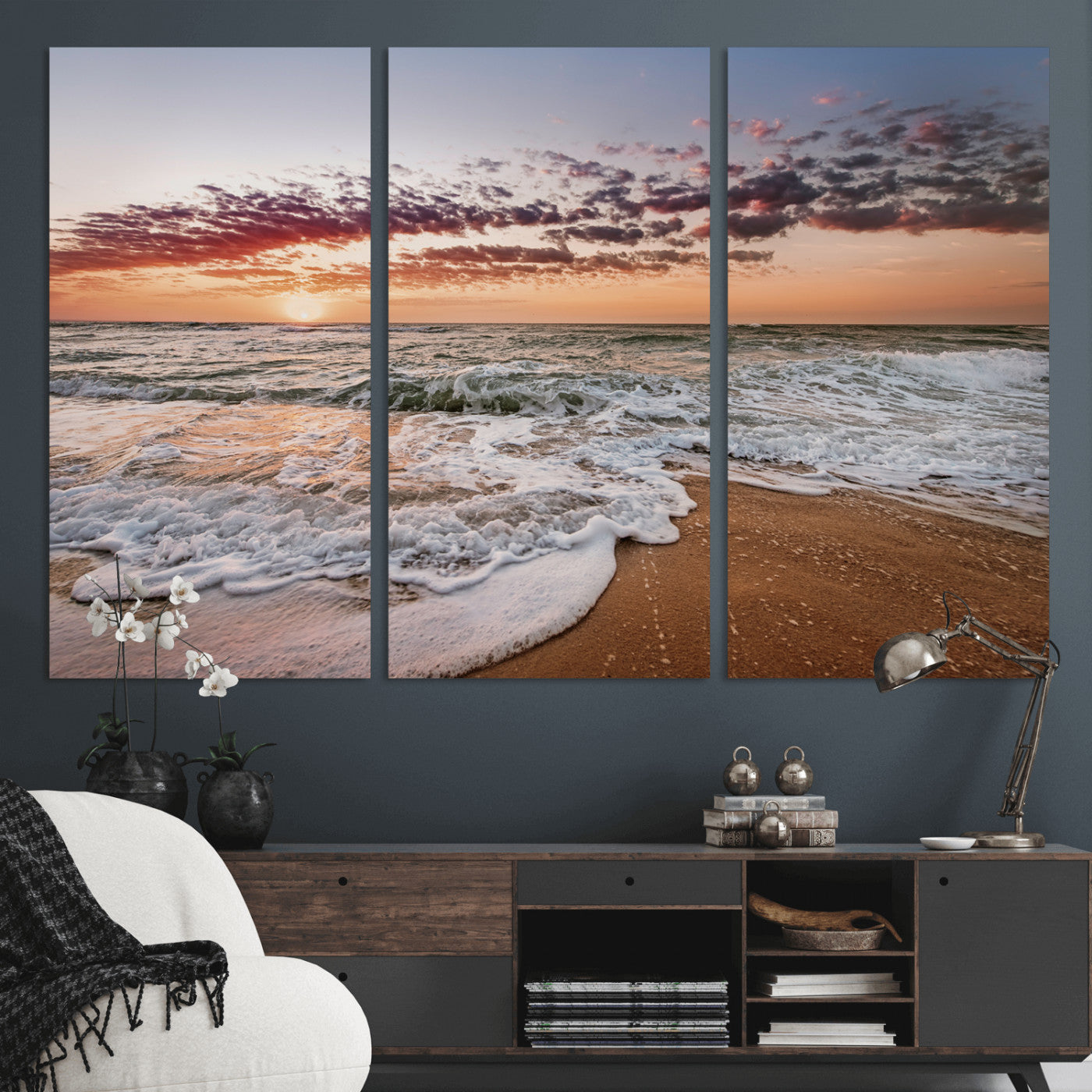 Canvas of a sunset over a foamy ocean shore with warm light and gentle waves, ideal for coastal or beach-themed home decor.