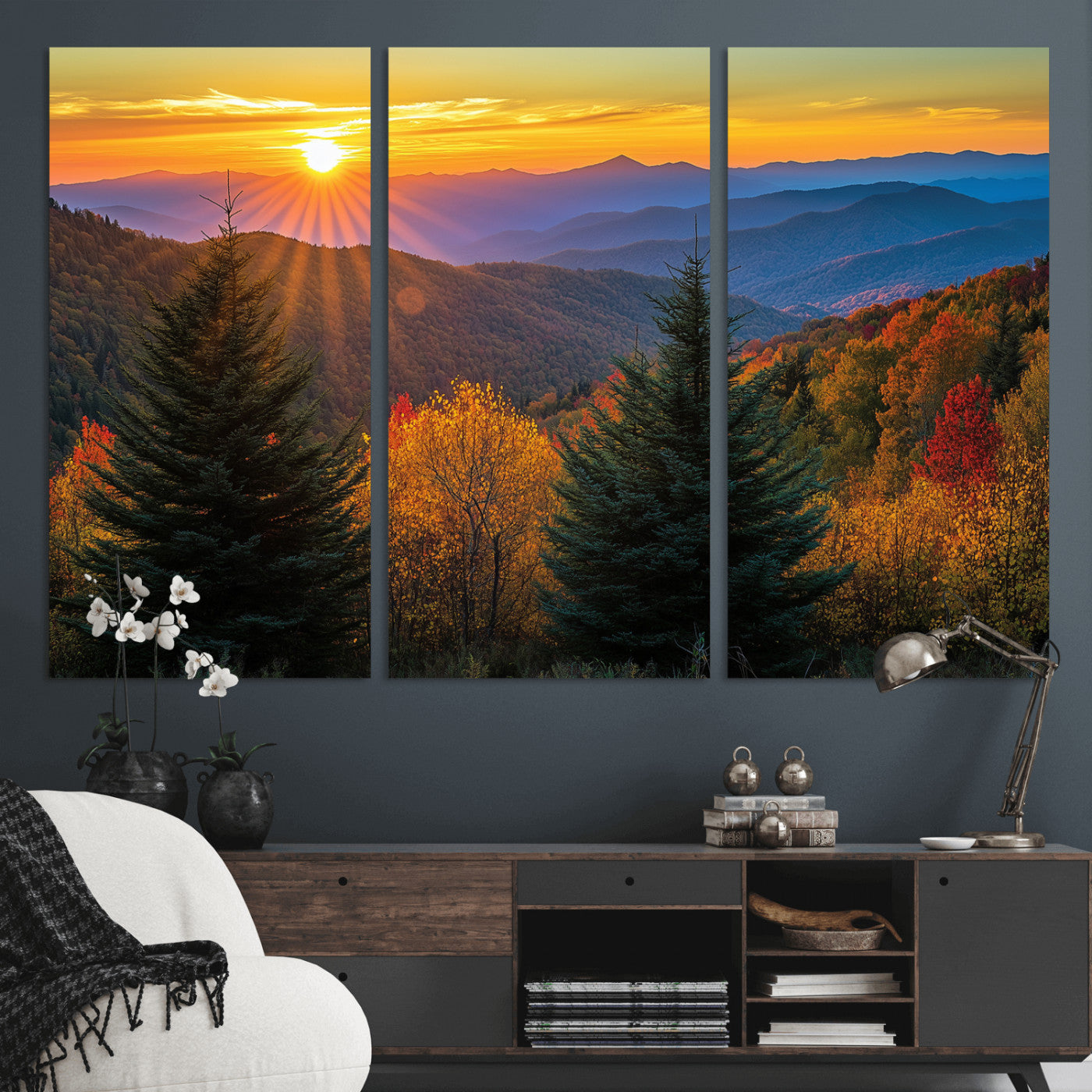 Vibrant sunset over autumn mountains with colorful trees and warm light, ideal for nature lovers or cabin-style wall decor.