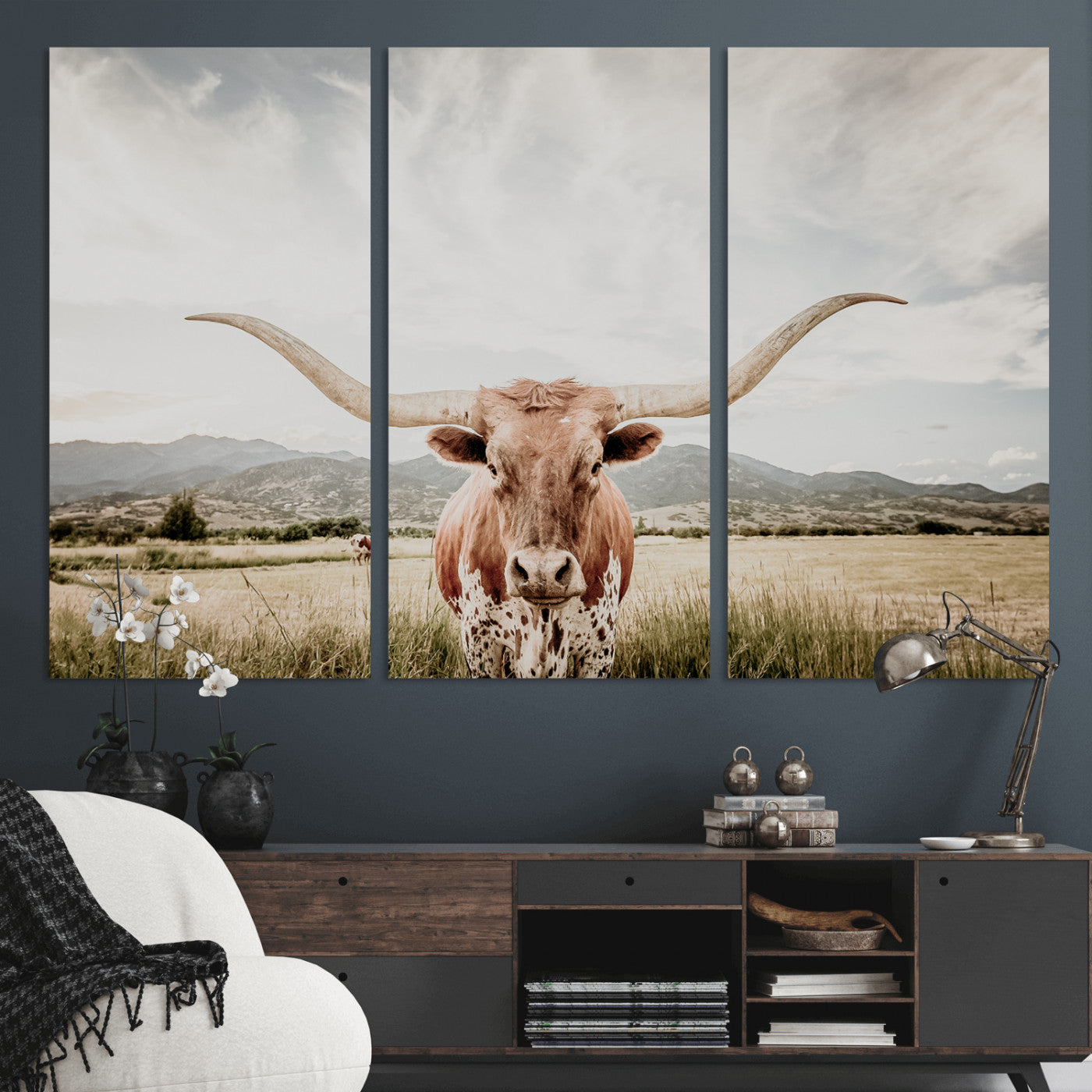 Longhorn Wall Art Print - Western Cow Canvas Print, featuring a majestic Texas longhorn in a rustic prairie setting, perfect for farmhouse and western decor.