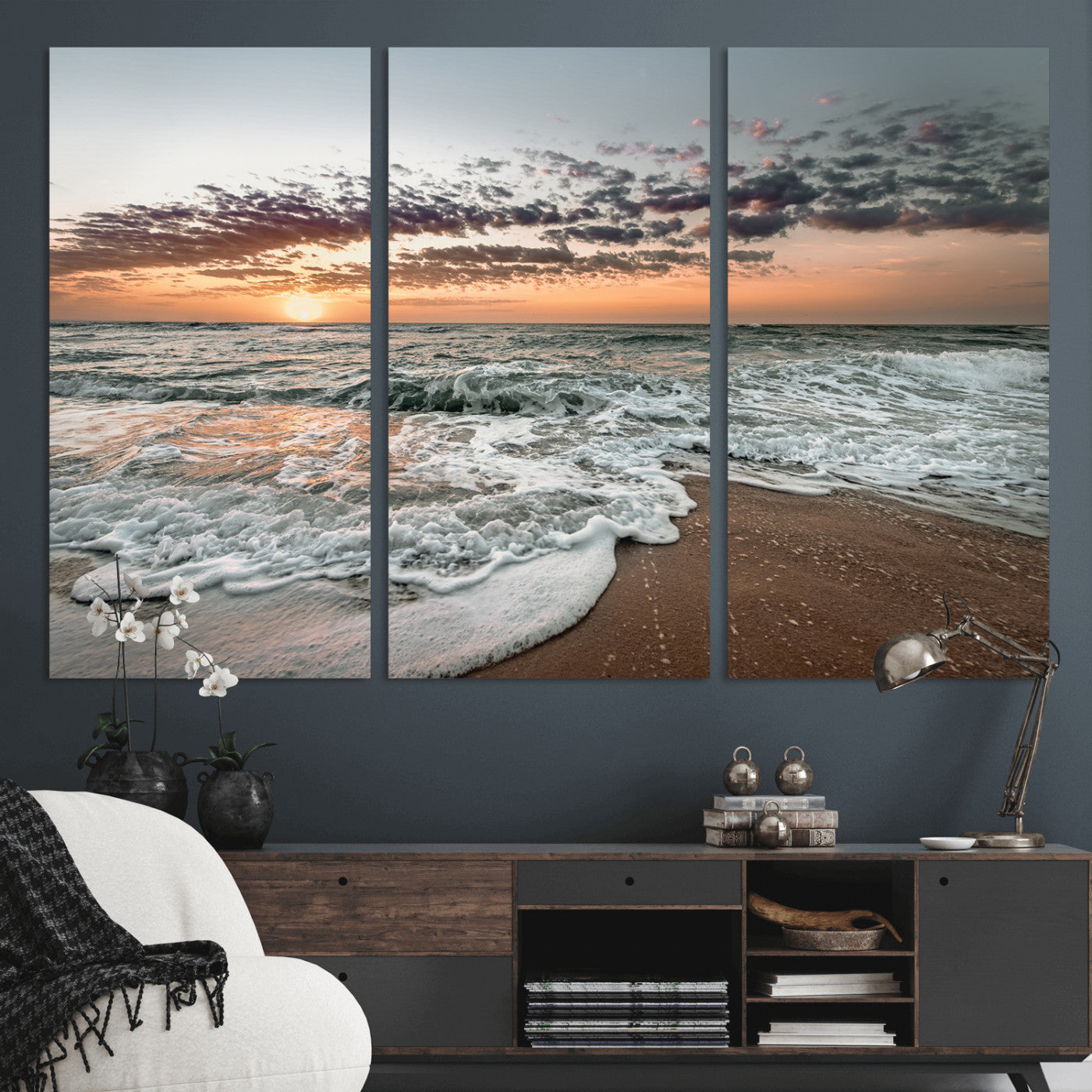 Ocean Sunset Wall Art Print - Beach Waves Canvas Print, featuring a serene seascape with golden sunlight reflecting on gentle waves, perfect for coastal and minimalist decor.