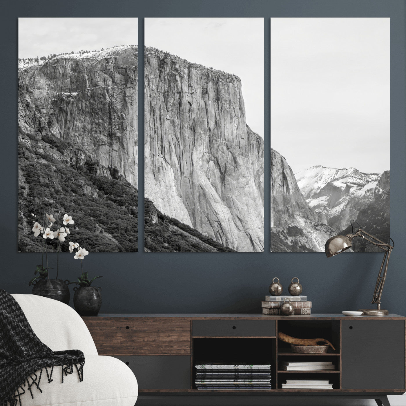Monochrome canvas of El Capitan’s granite wall in Yosemite with snowy peaks, ideal for dramatic mountain or black-and-white nature decor.