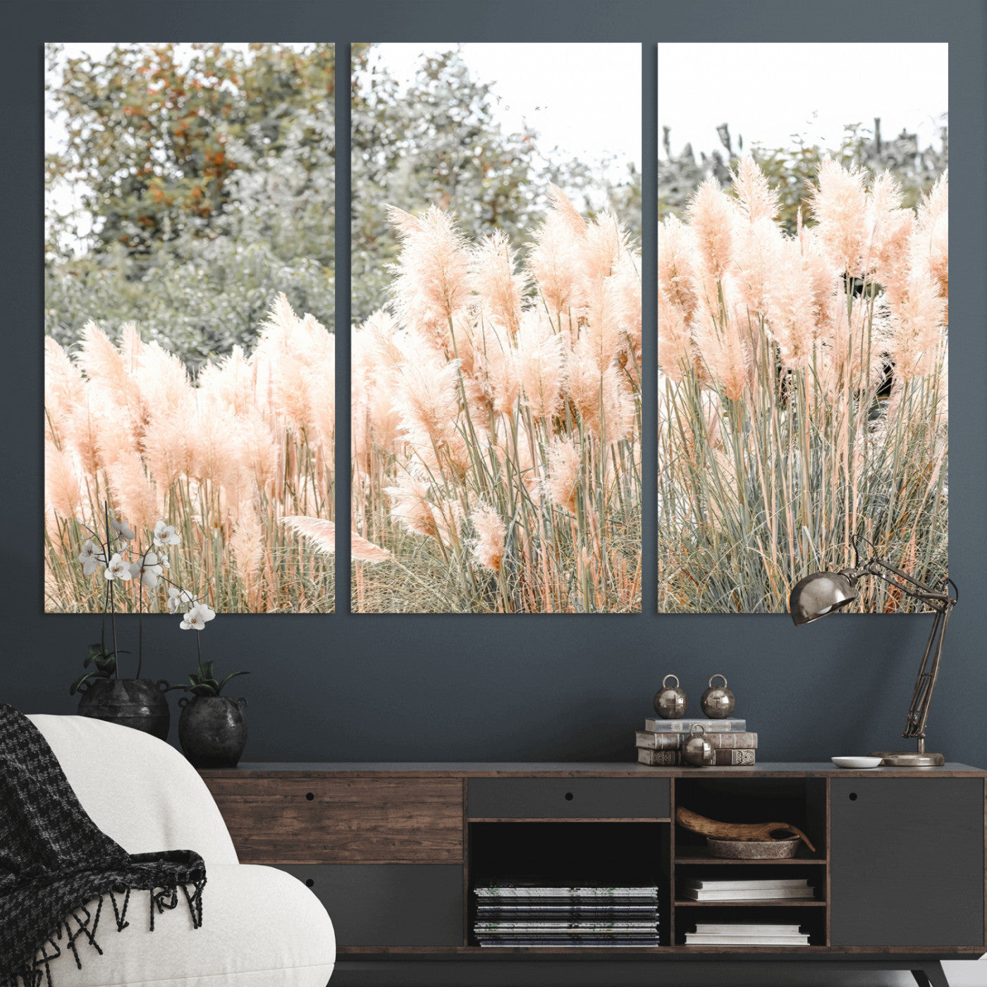 Soft pastel pampas grasses in a natural setting, ideal for neutral boho or rustic botanical-style interior wall decoration.