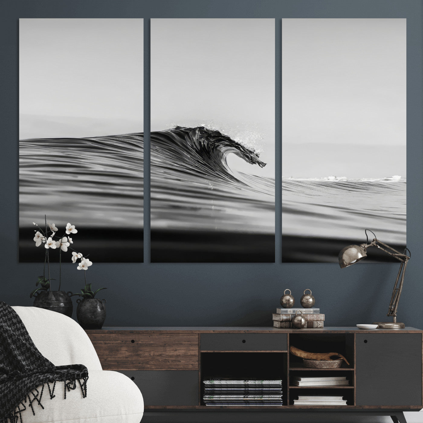 Striking black and white photo of a curling wave, ideal for modern coastal or minimalist wall decor settings.
