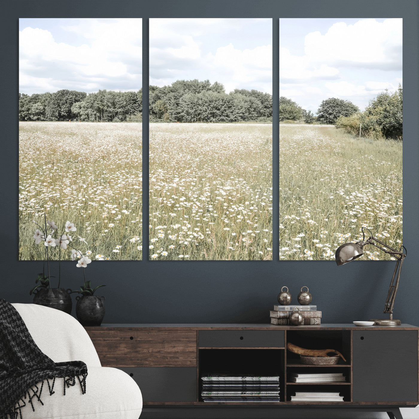 Soft-toned image of a wild daisy field under a cloudy sky, ideal for neutral or Scandinavian-inspired home decor.