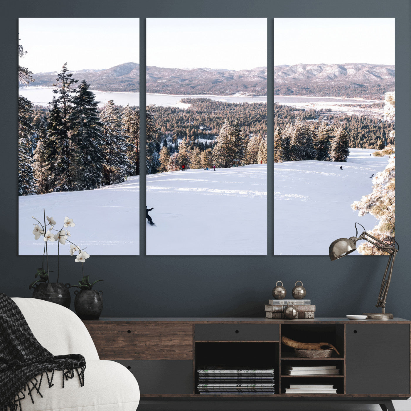 Canvas of a snowy mountain ski slope with pine trees and bright winter light, ideal for modern rustic or alpine-inspired home decor.