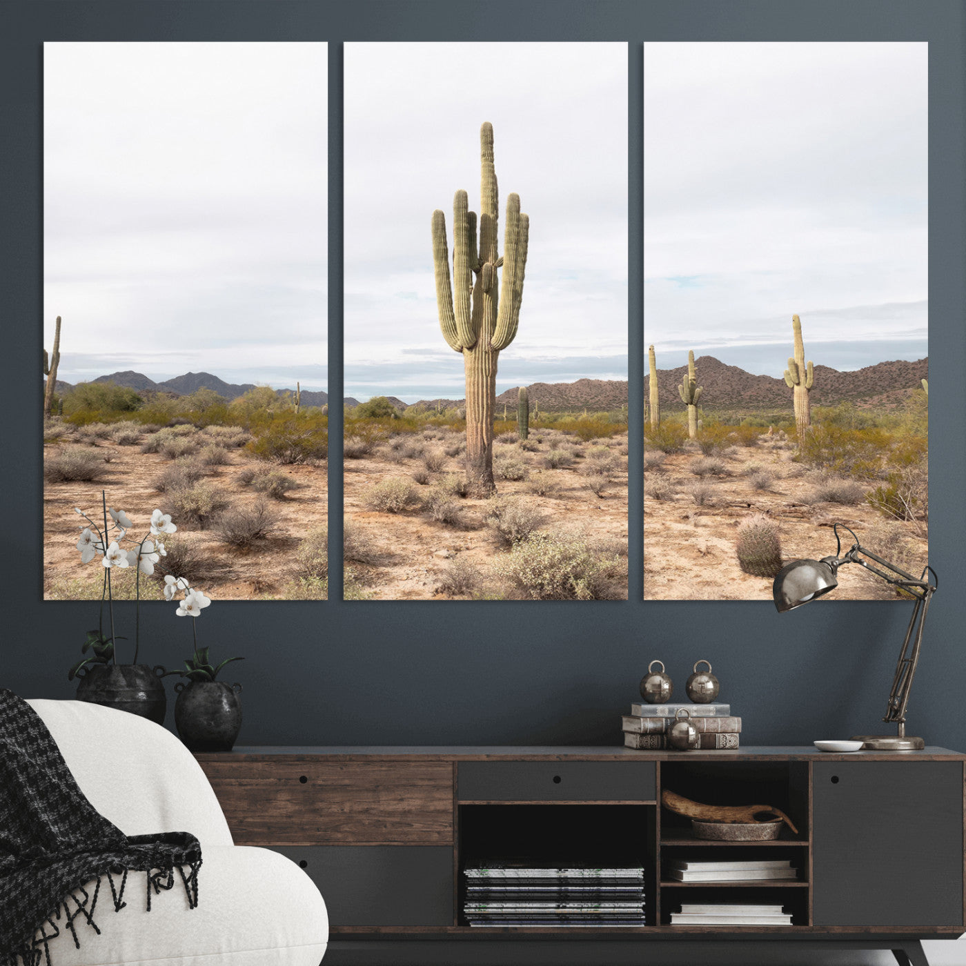 Canvas of a saguaro cactus in an earthy Sonoran desert landscape, ideal for Southwestern Boho or desert minimalism inspired home decor. 2/2
