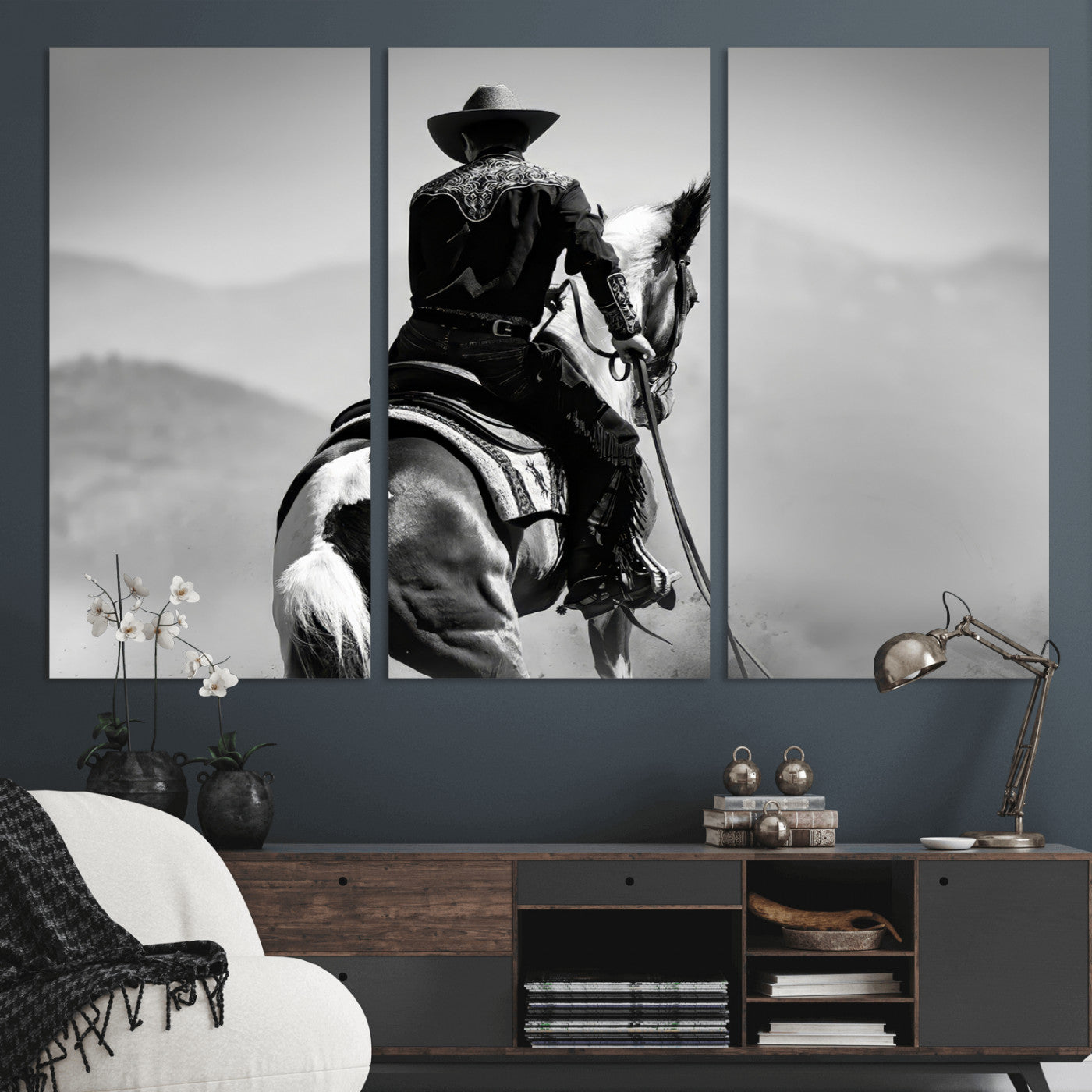 Black and white canvas of a cowboy on horseback with moody tones, perfect for rustic western or country-inspired home decor.