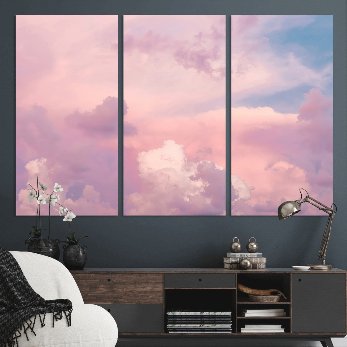 Soft pastel-colored clouds in shades of pink, purple, and blue, creating a dreamy and serene sky perfect for a calming decor touch.