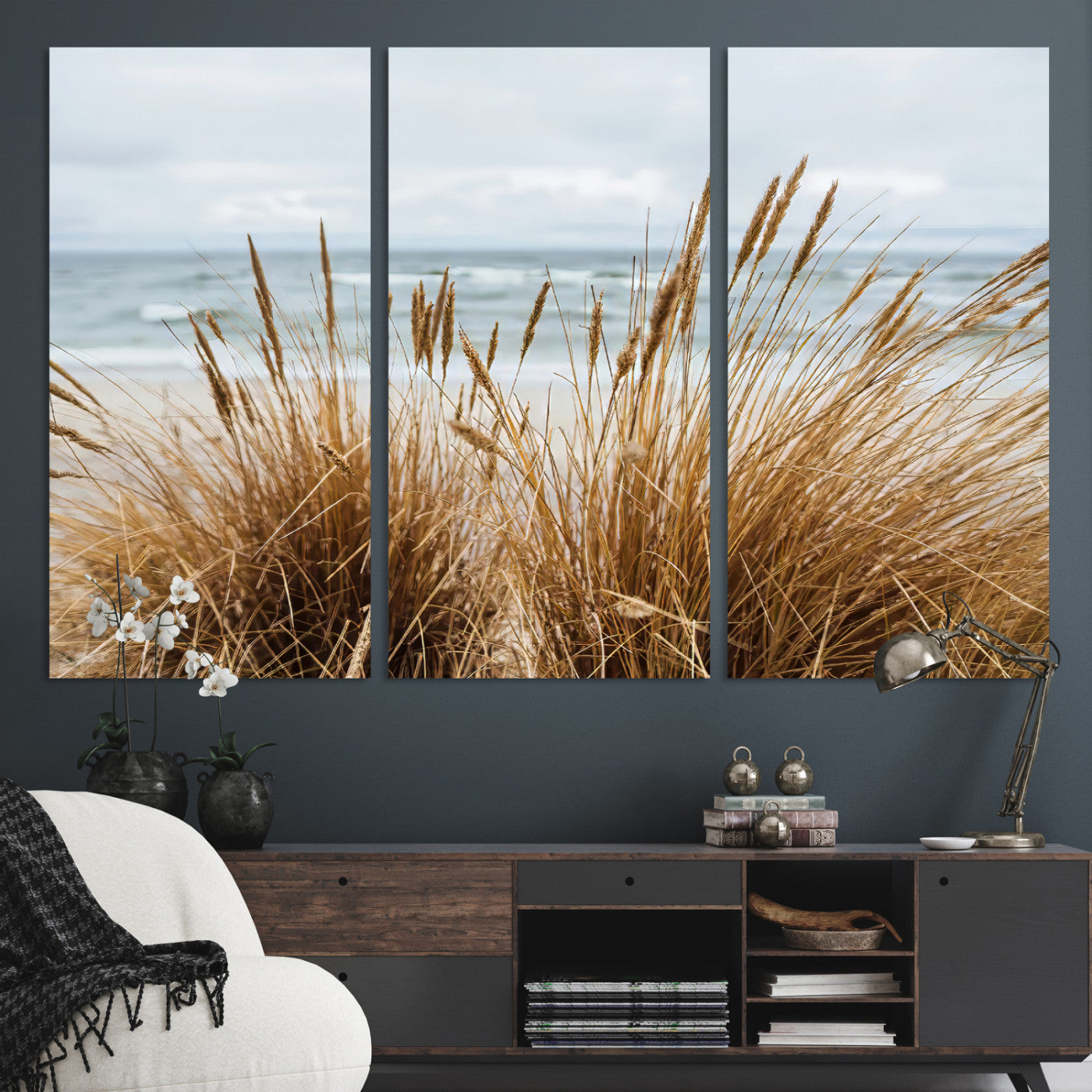 Canvas of golden beach grass swaying by the ocean under a soft cloudy sky, perfect for neutral-toned or coastal minimalist decor.