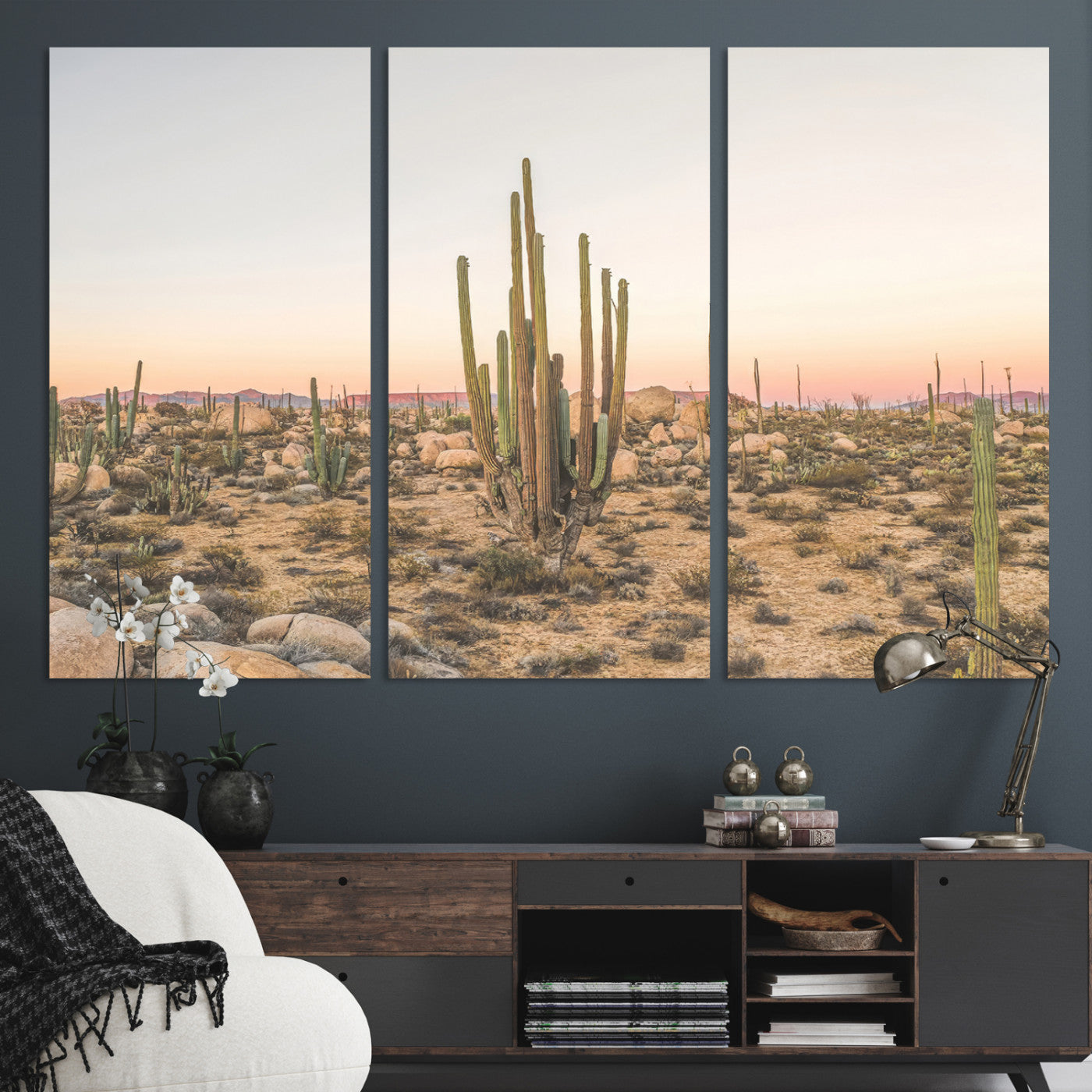 Canvas of tall desert cacti in warm sunset tones over a rocky Baja landscape, ideal for earthy or Southwestern-style home decor.