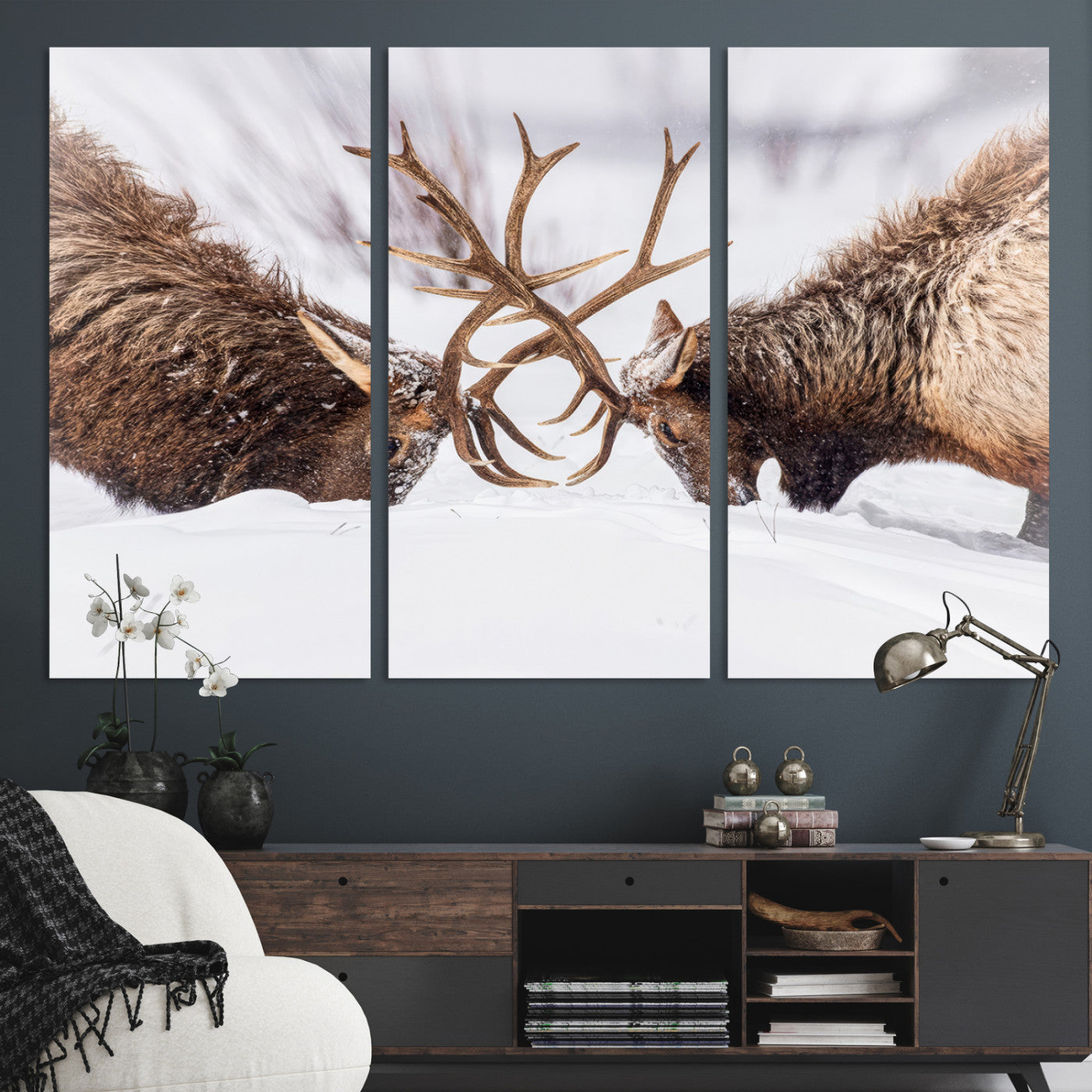 Two elk clashing antlers in a snowy forest, capturing raw power and wild energy, ideal for rustic cabin or lodge-style decor.