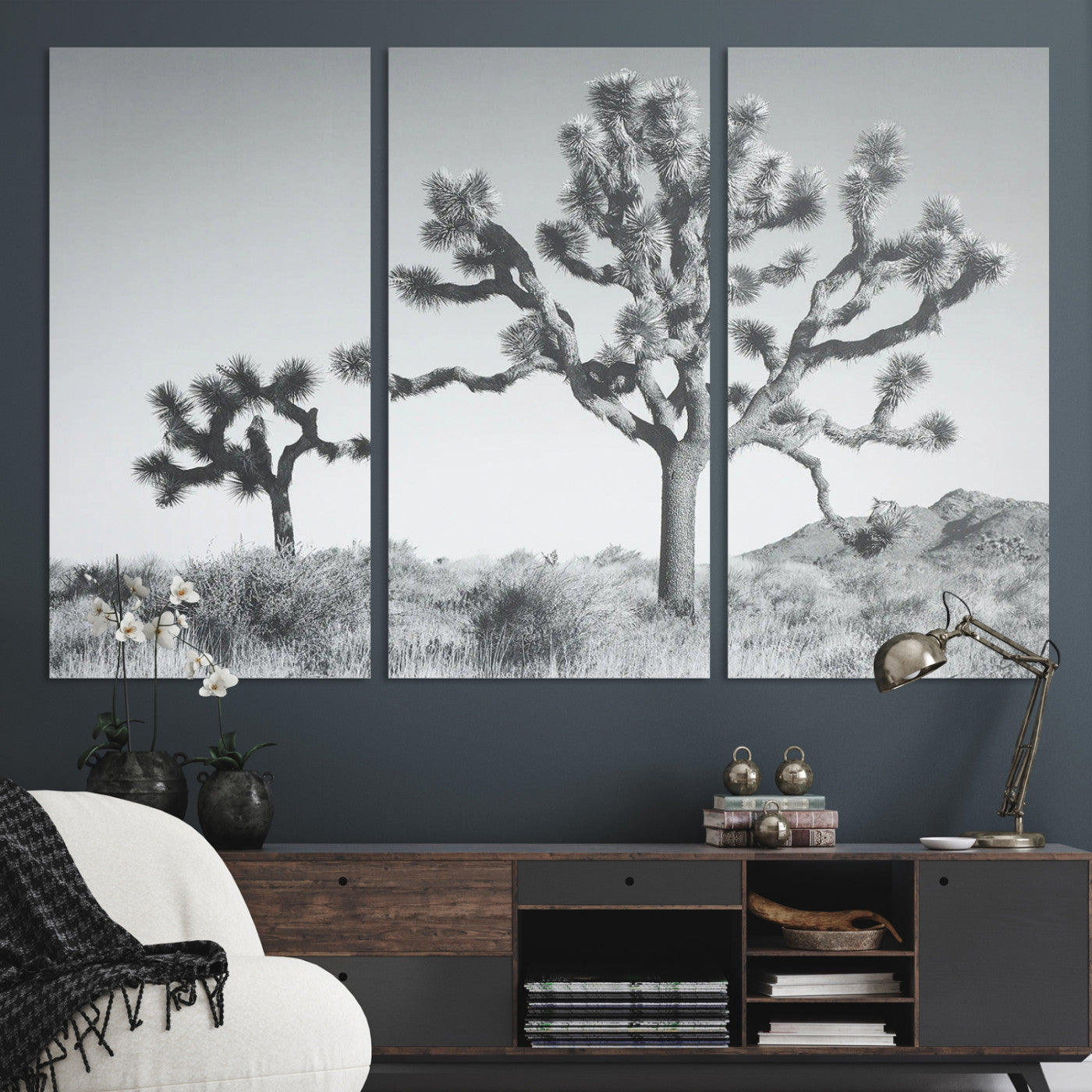 Black and white Joshua tree in a desert landscape with soft light and dry brush, perfect for rustic or minimalist home decor.