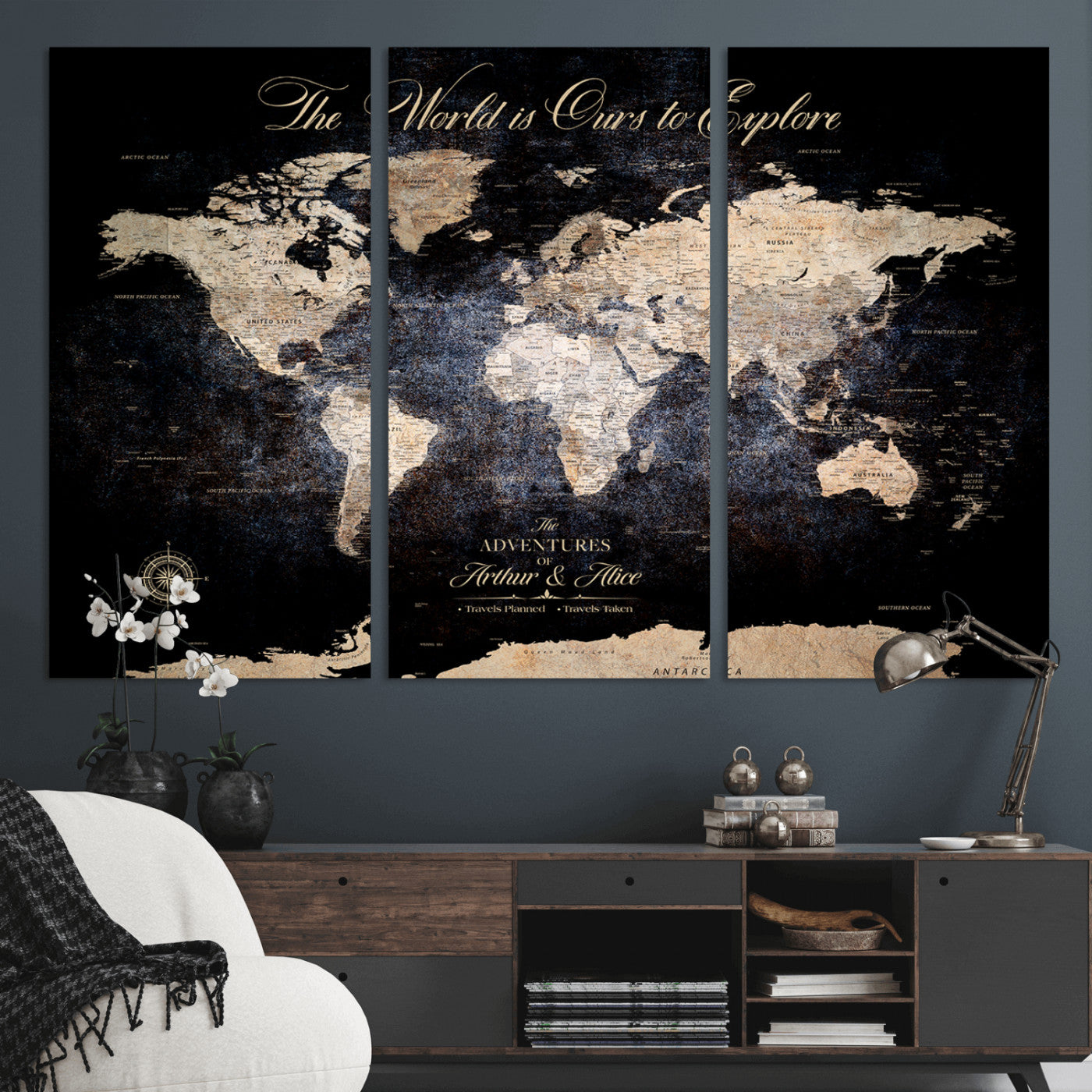'-Customize Push Pin World Map Wall Canvas Print, Personalized Travel Tracker with Pins, Framed Large Canvas for Home Office Decor - H37