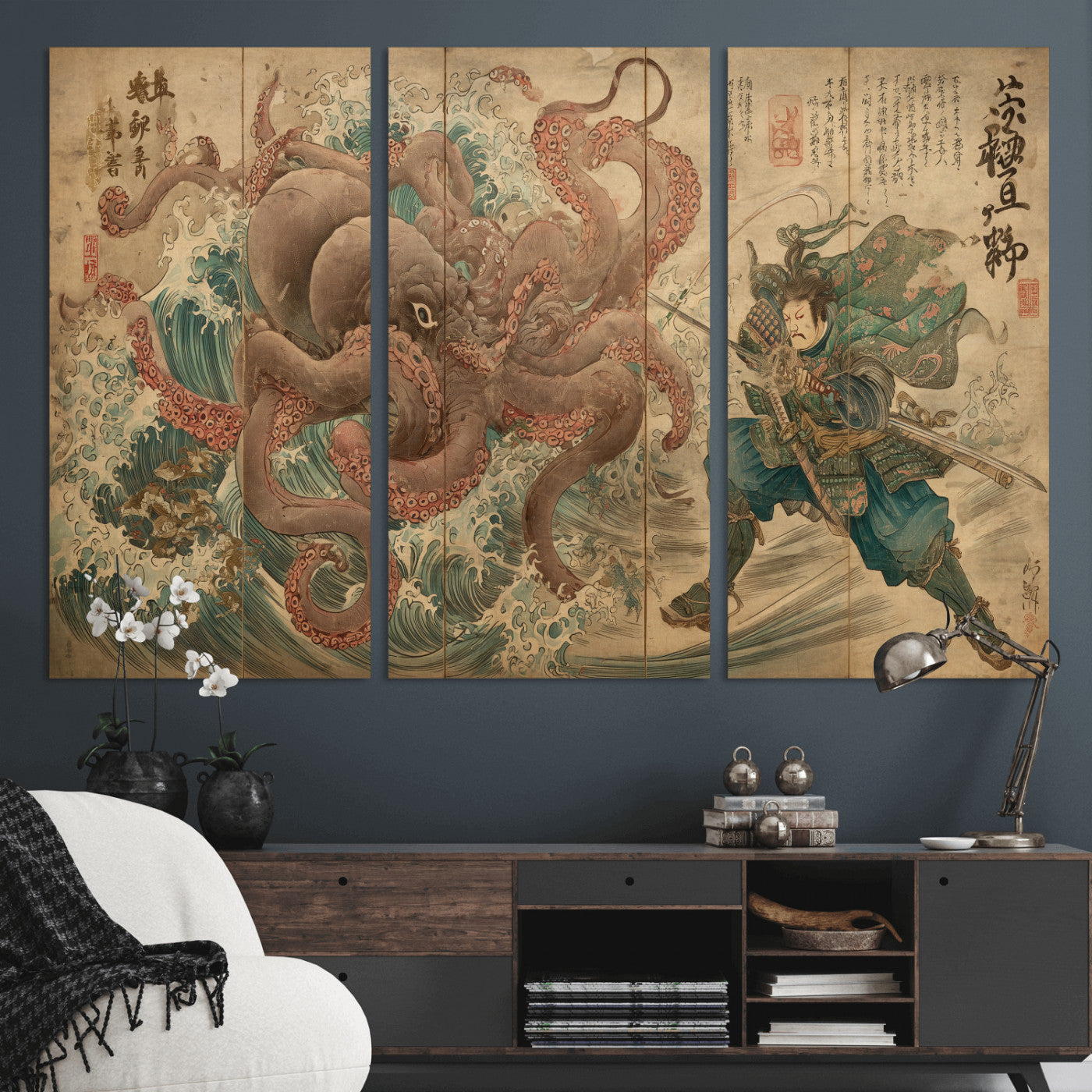 Tsukioka Yoshitoshi Samurai Wall Art Print, Japanese Katana Warrior Canvas Wall Art, Octopus Sea Monster Canvas Print,