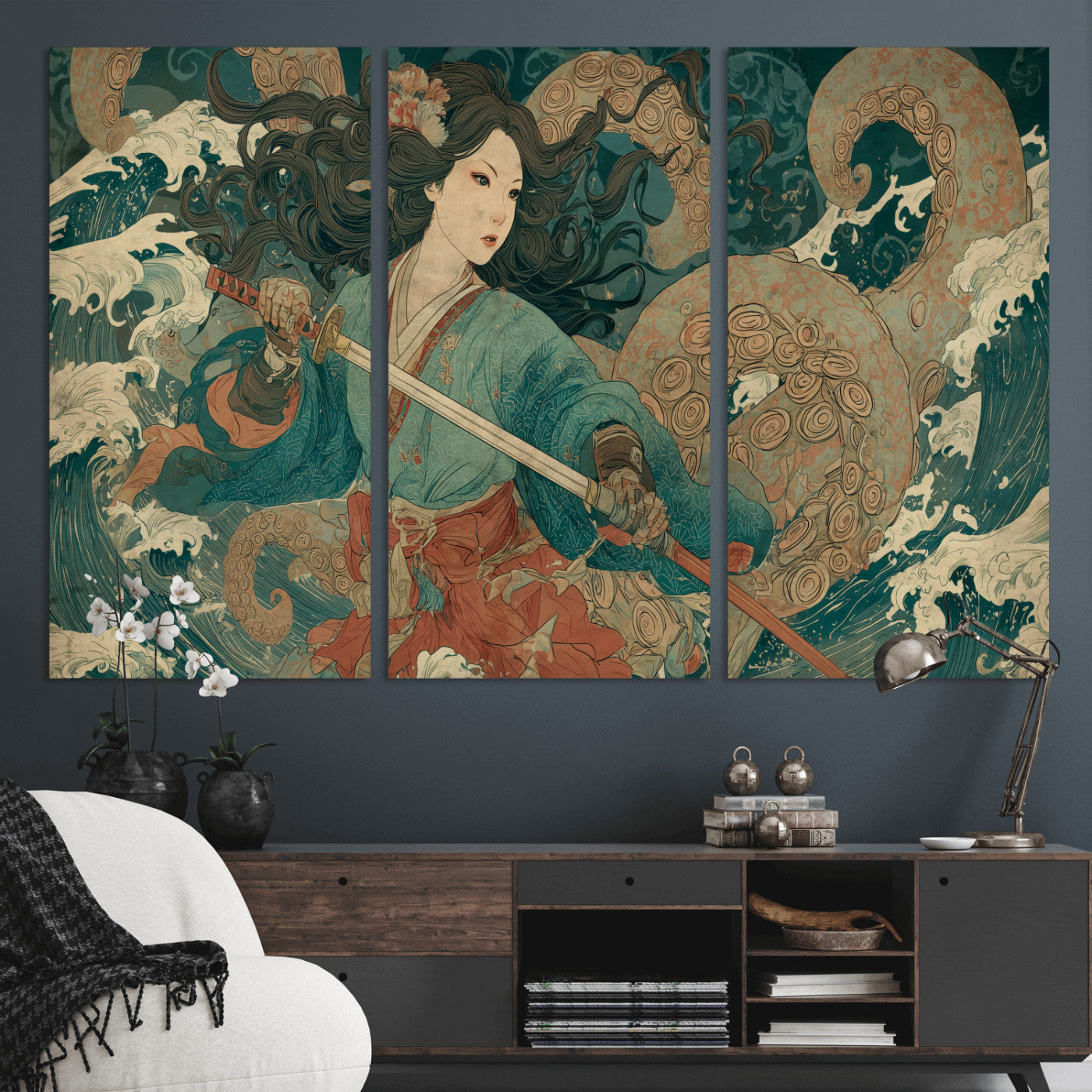 Tsukioka Yoshitoshi Samurai Wall Art Print, Japanese Katana Warrior Canvas Wall Art, Octopus Sea Monster Canvas Print,