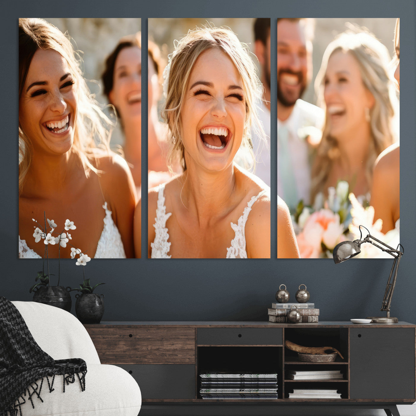 MGV-CV-48X32-3P - Joyful Wedding Wall Art – Laughing Bride and Bridesmaids Canvas Print, Romantic Celebration Photography Decor for Bedroom, Living Room, or Wedding Gift