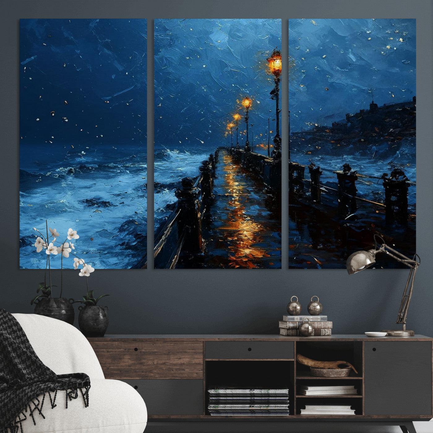 "Impressionistic painting of a rainy pier at night with glowing street lamps reflecting on the wet surface, ocean waves crashing under a dark blue sky."