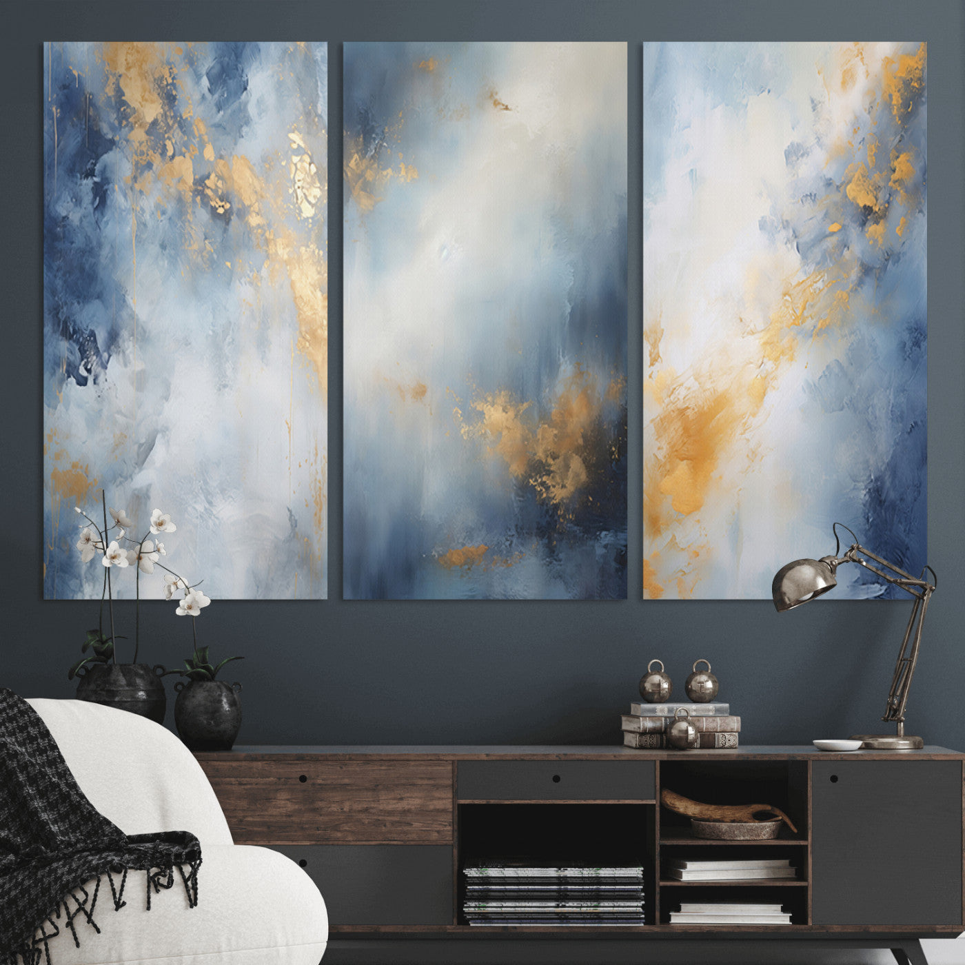 Abstract canvas art in soft blue and gold tones with textured brushstrokes, ideal for elegant or modern neutral decor spaces.