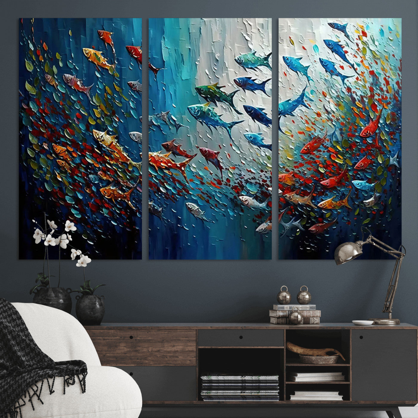 Colorful painting of fish swimming in abstract ocean swirls, perfect for vibrant marine-themed or expressive coastal home decor.