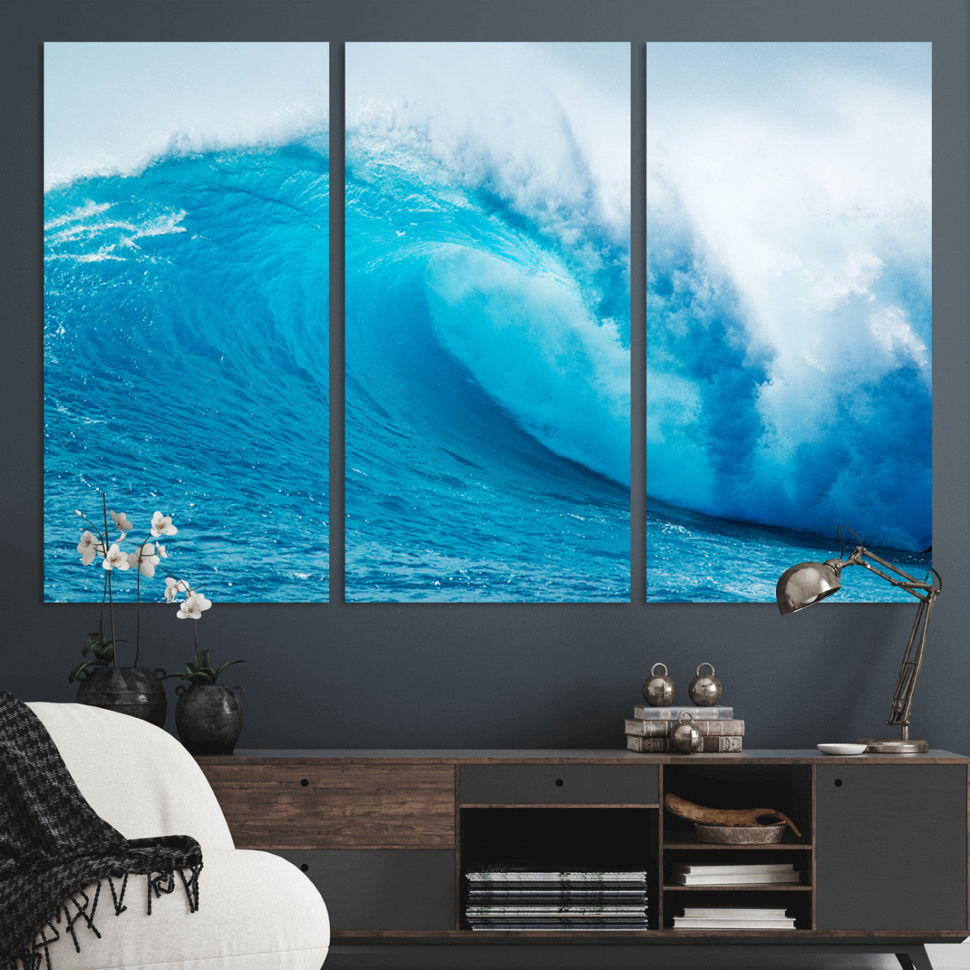 Vibrant canvas of a powerful curling ocean wave in tropical blue tones, perfect for coastal or surf-inspired decor settings.
