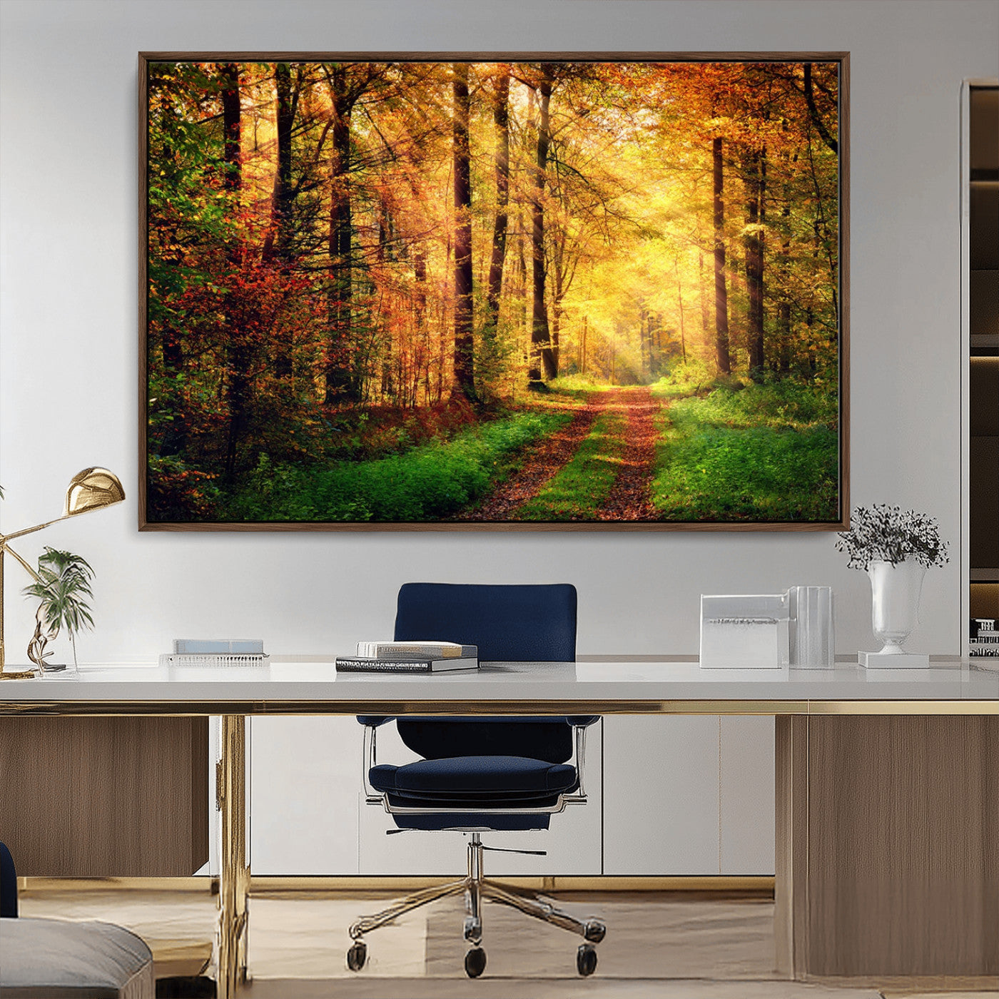 73494-MGV-CV-36X24-Golden Autumn Forest Path Wall Art – Sunlit Woodland Canvas Print, Fall Nature Landscape Home Decor