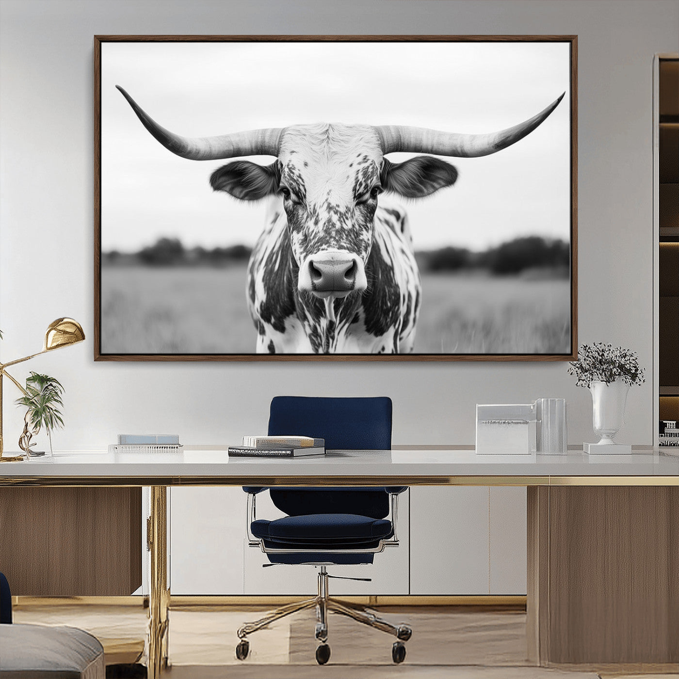Capture the strength and elegance of nature with this striking black and white portrait of a longhorn cow. Its powerful presence makes a bold statement in any room.