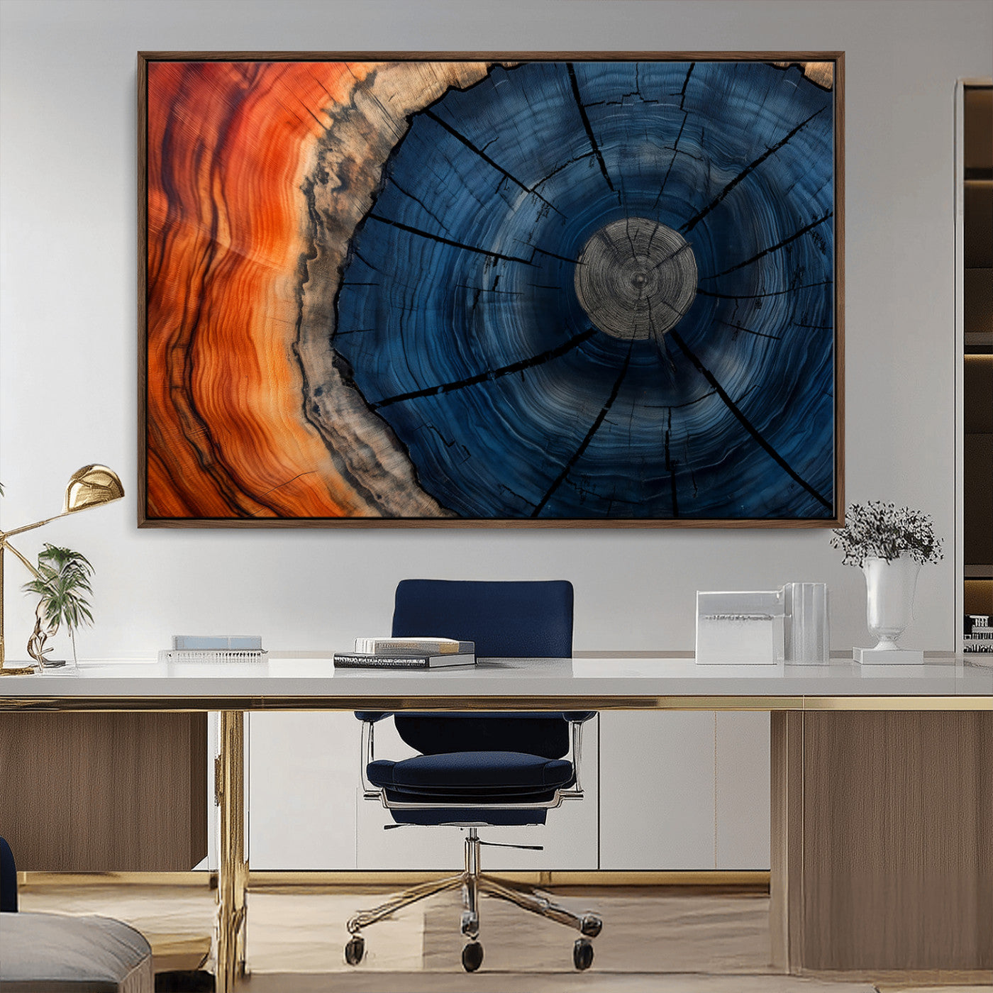 A captivating close-up of a tree trunk, showcasing its concentric rings in rich shades of blue, orange, and brown, highlighting the organic patterns of natural wood.
