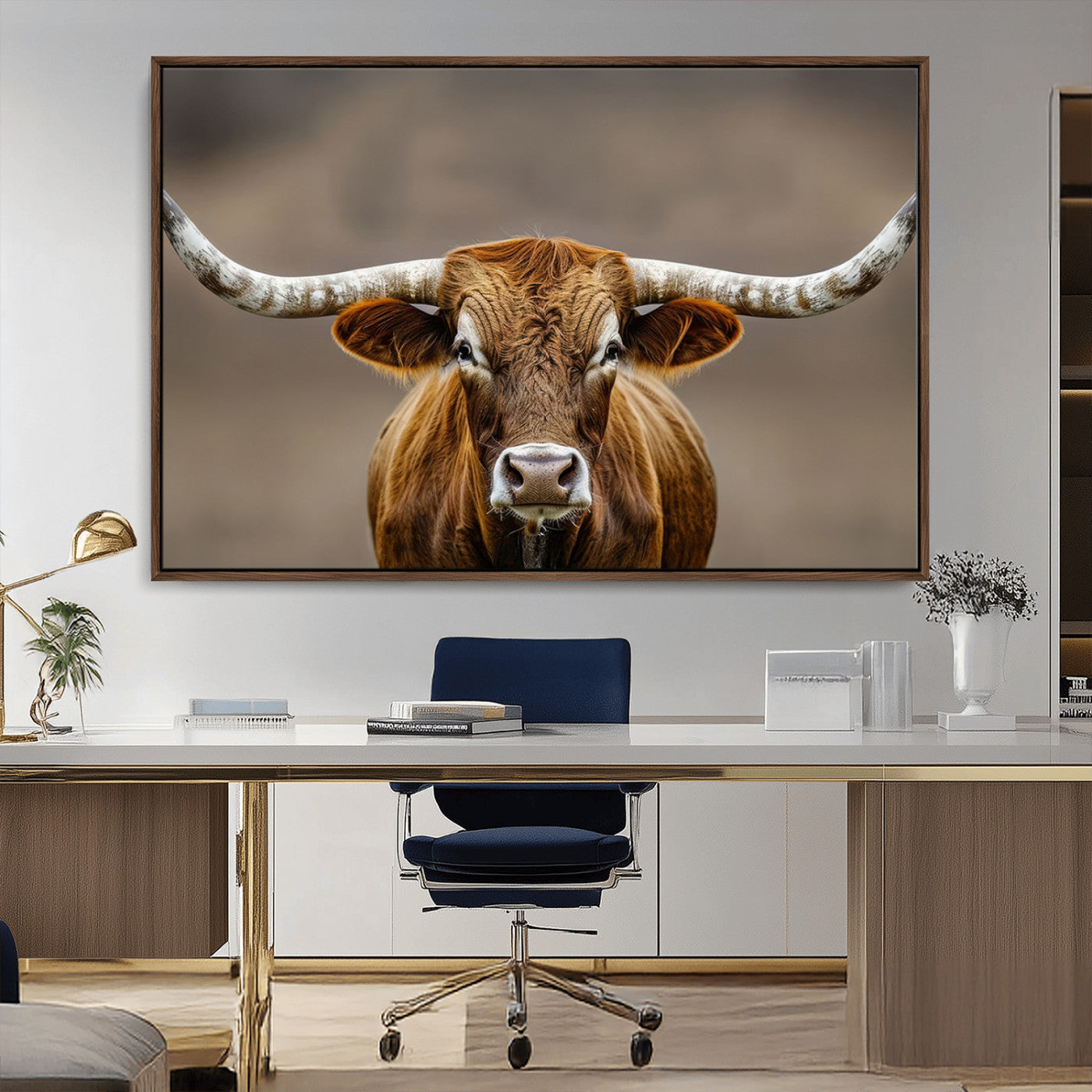 Close-up of a Texas Longhorn with strong curved horns and warm brown tones, perfect for rustic or western-style wall decor.
